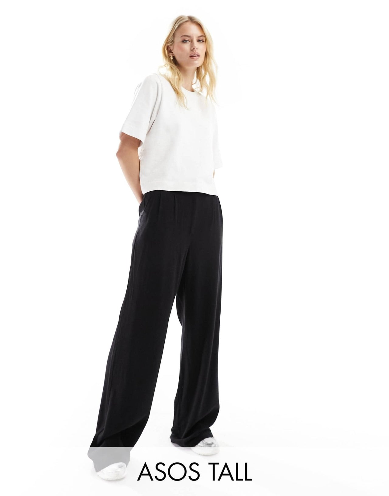 ASOS DESIGN Tall tailored high waist seam detail wide leg linen trousers in black - ASOS Sample Sale
