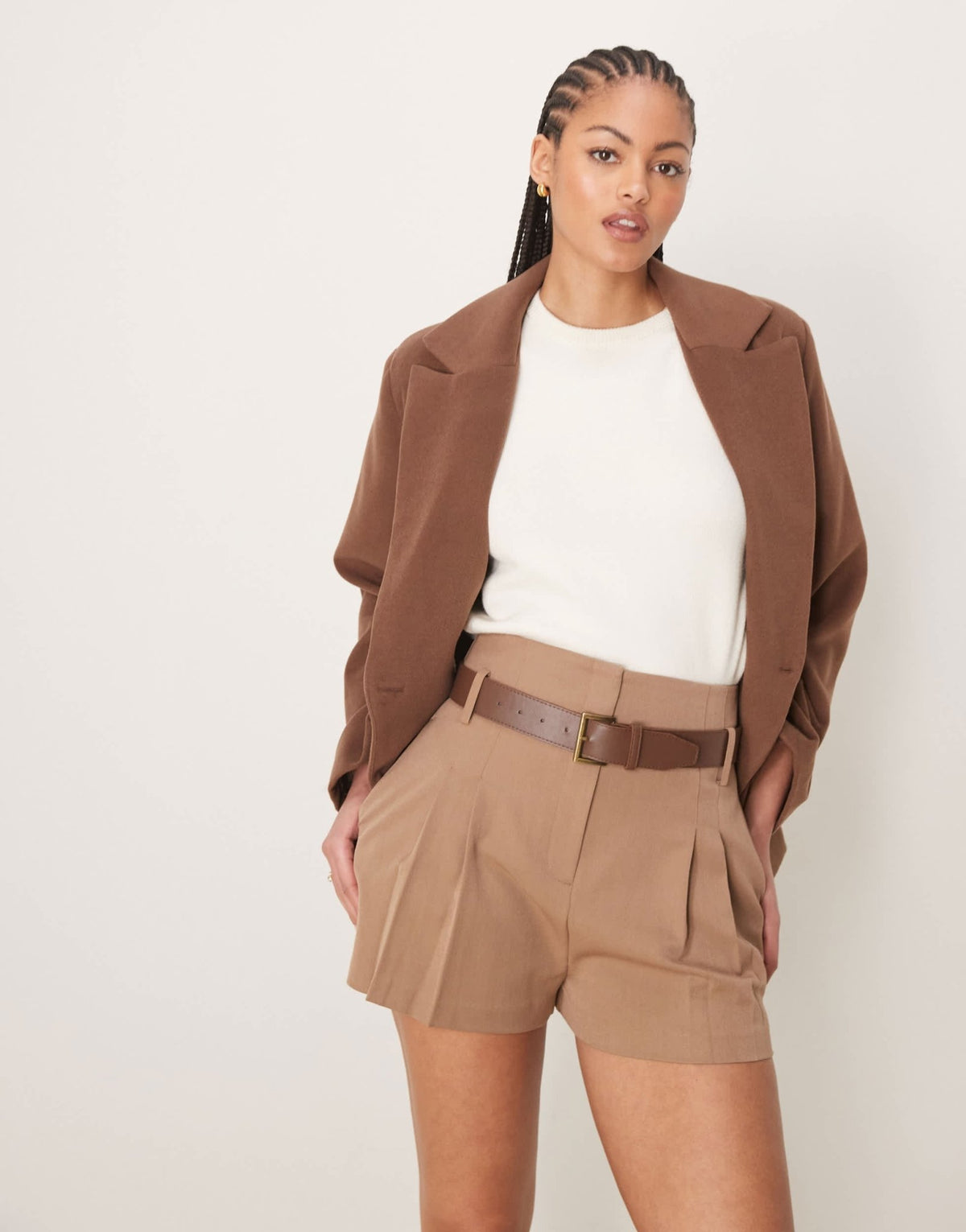 ASOS DESIGN Tall tailored high waist shorts with PU belt in chocolate - ASOS Sample Sale