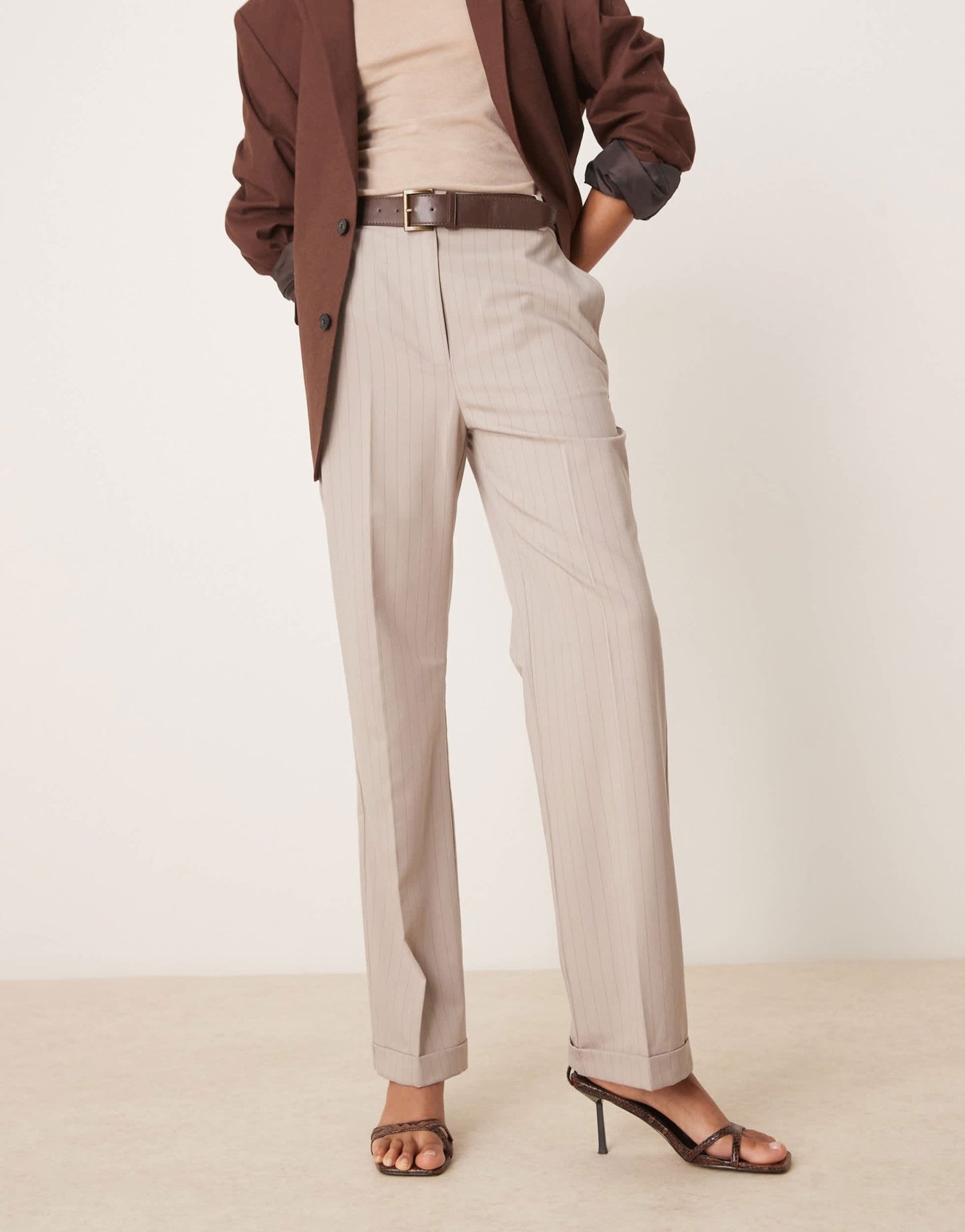 ASOS DESIGN Tall tailored slim straight trousers with belt in mink stripe - ASOS Sample Sale