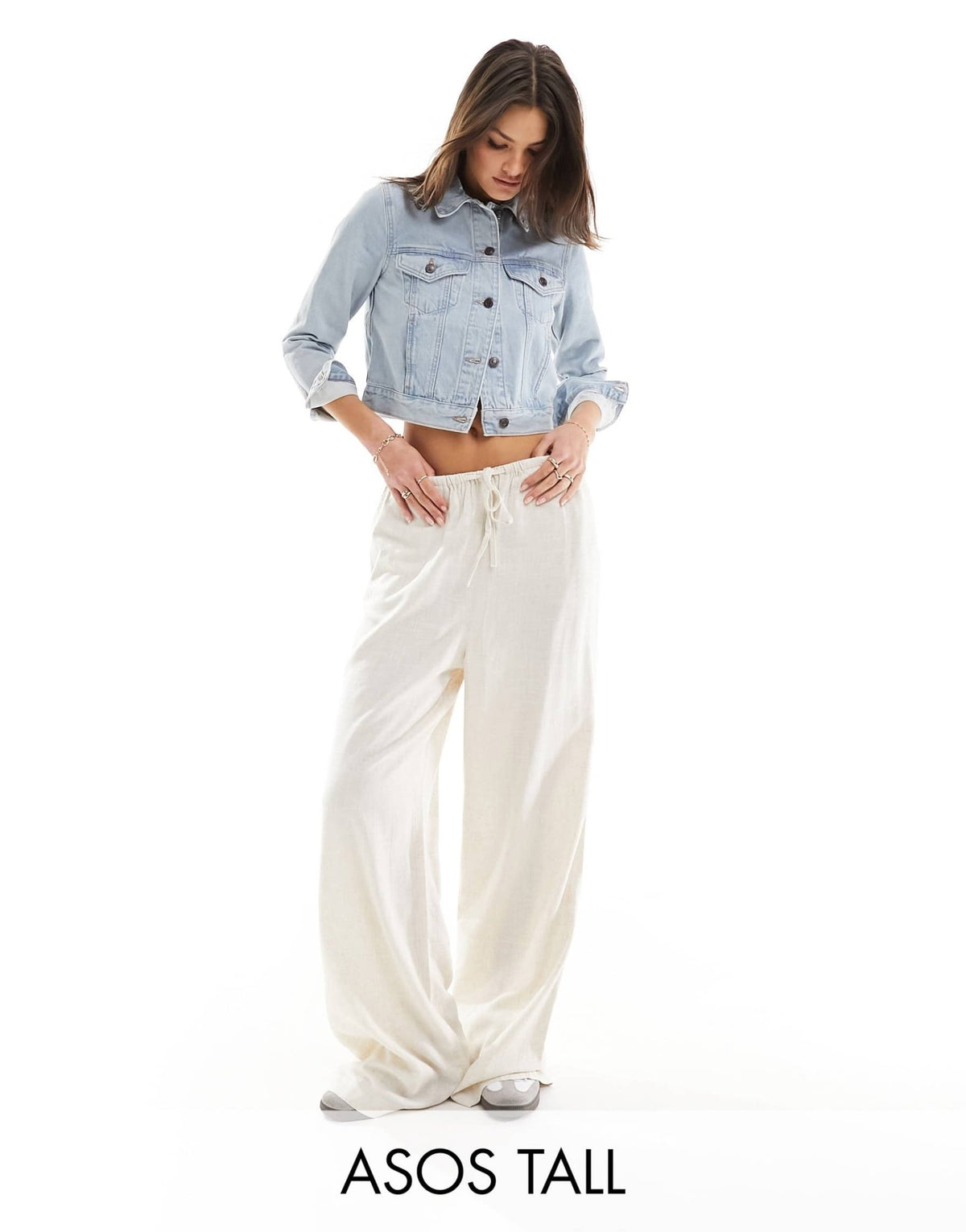 ASOS DESIGN Tall wide leg pull on trouser with linen in natural - ASOS Sample Sale