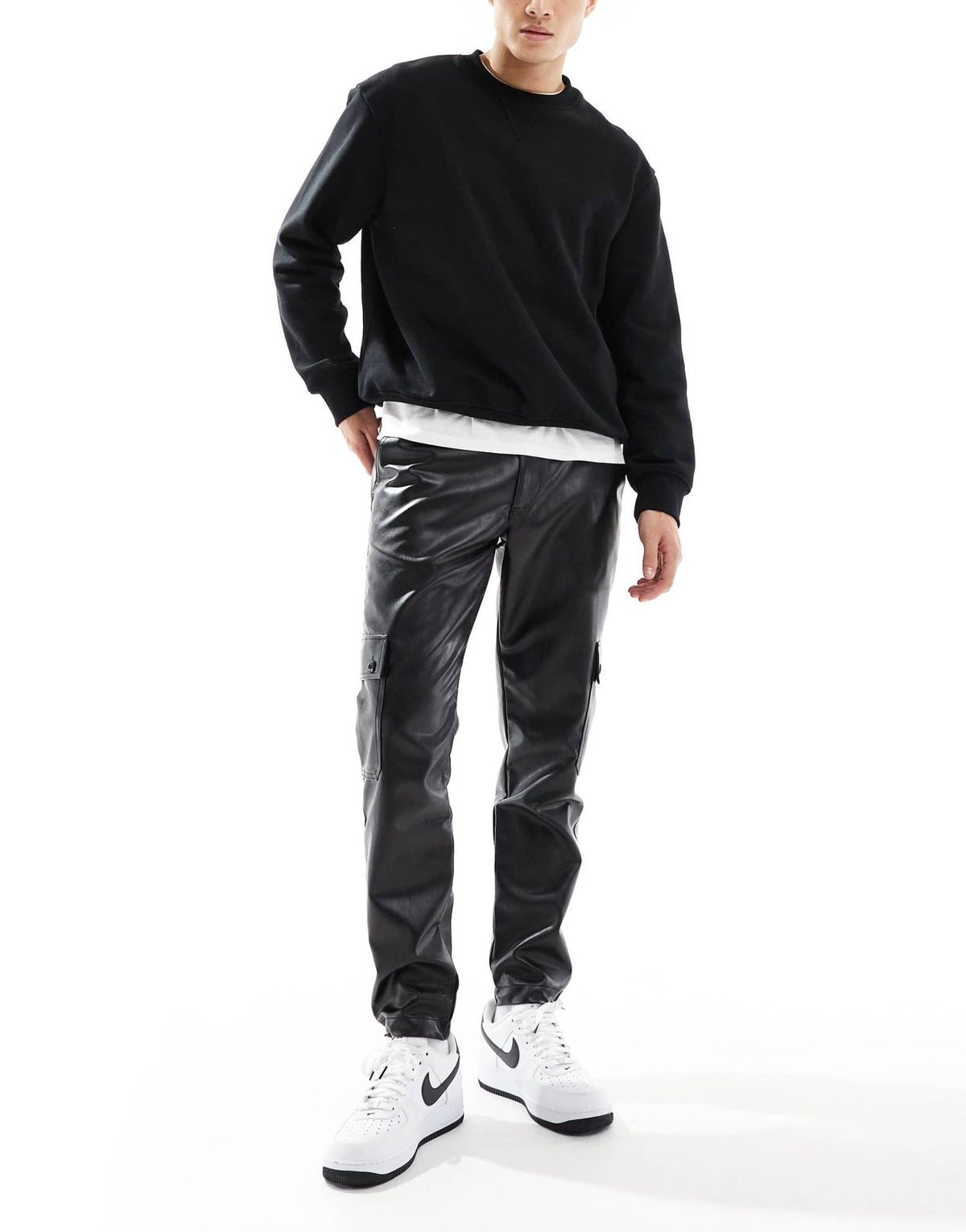 ASOS DESIGN tapered cargo leather look trousers in black - ASOS Sample Sale