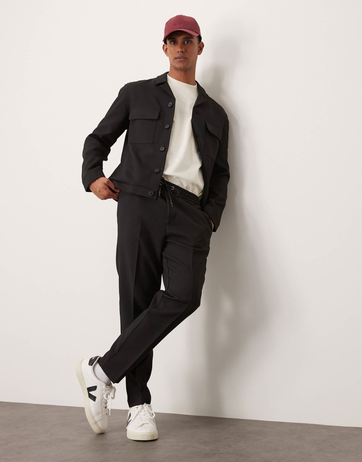 ASOS DESIGN tapered smart co - ord pull on trousers in black rib - ASOS Sample Sale