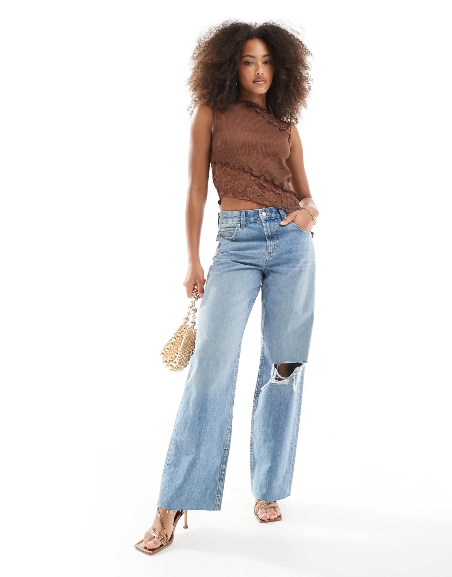 ASOS DESIGN texture and lace mix slash neck tank in brown - ASOS Sample Sale