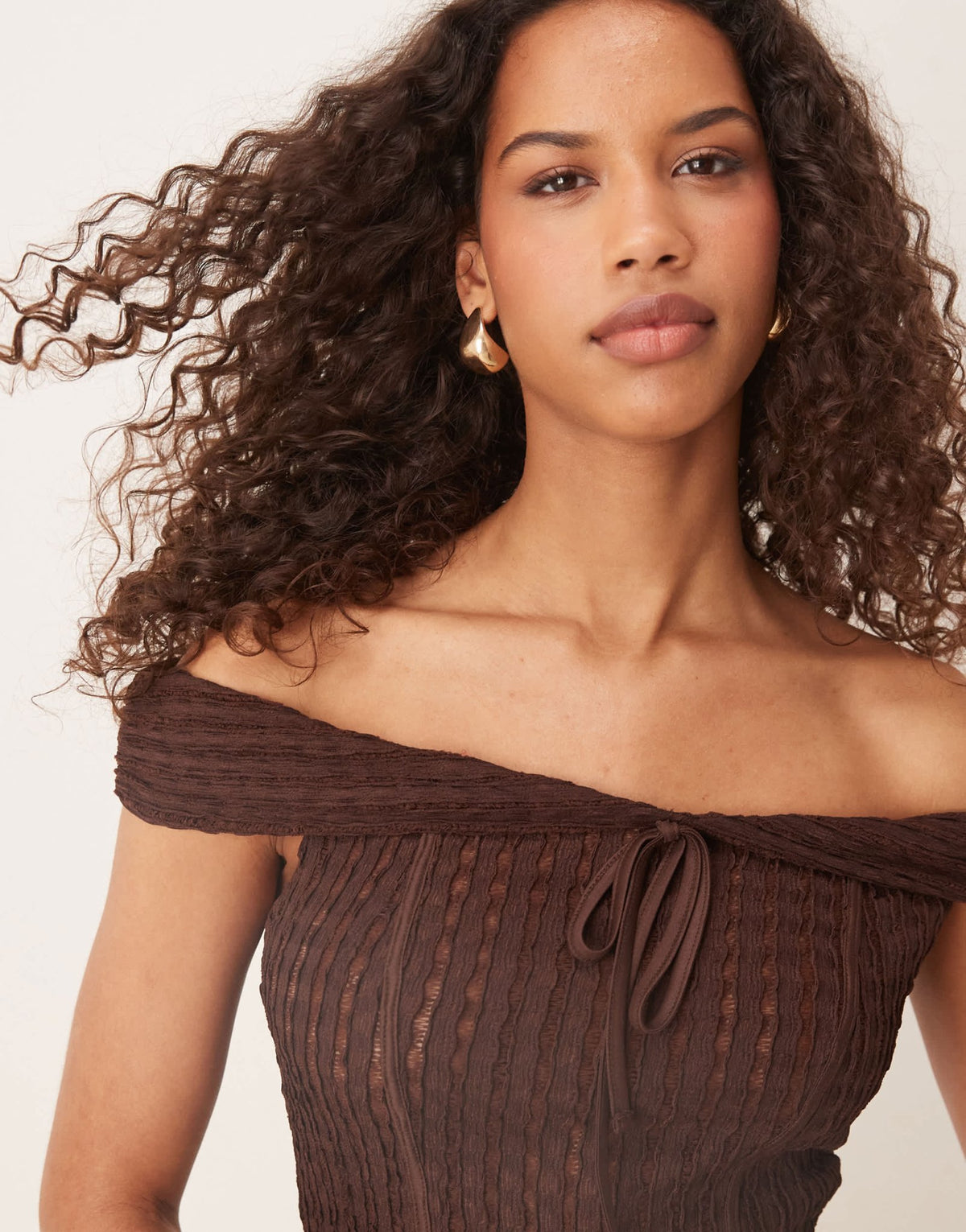ASOS DESIGN texture off the shoulder short sleeve top with tie detail in chocolate - ASOS Sample Sale