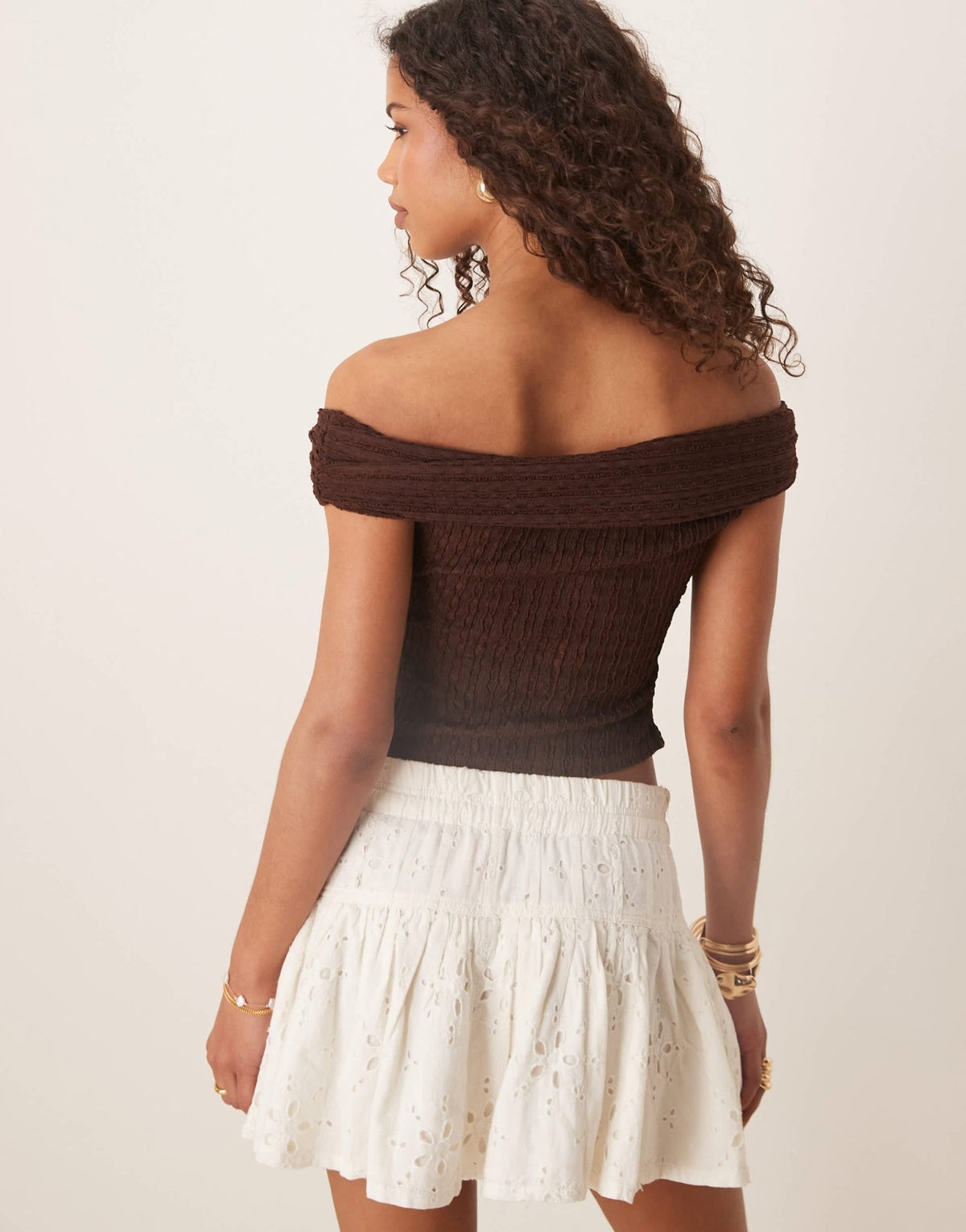 ASOS DESIGN texture off the shoulder short sleeve top with tie detail in chocolate - ASOS Sample Sale