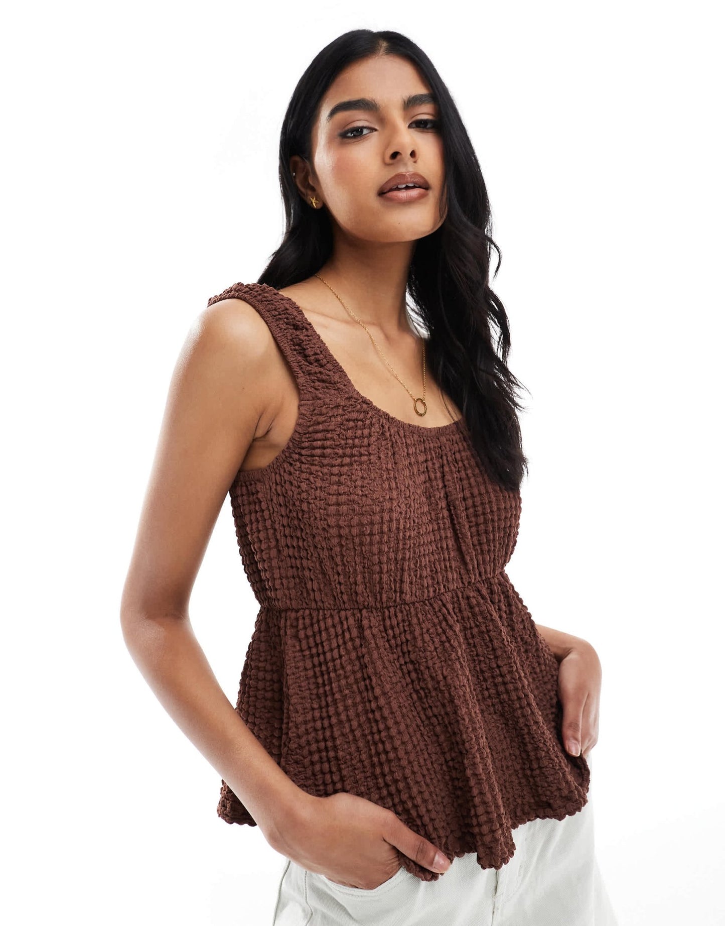 ASOS DESIGN textured babydoll top in brown - ASOS Sample Sale