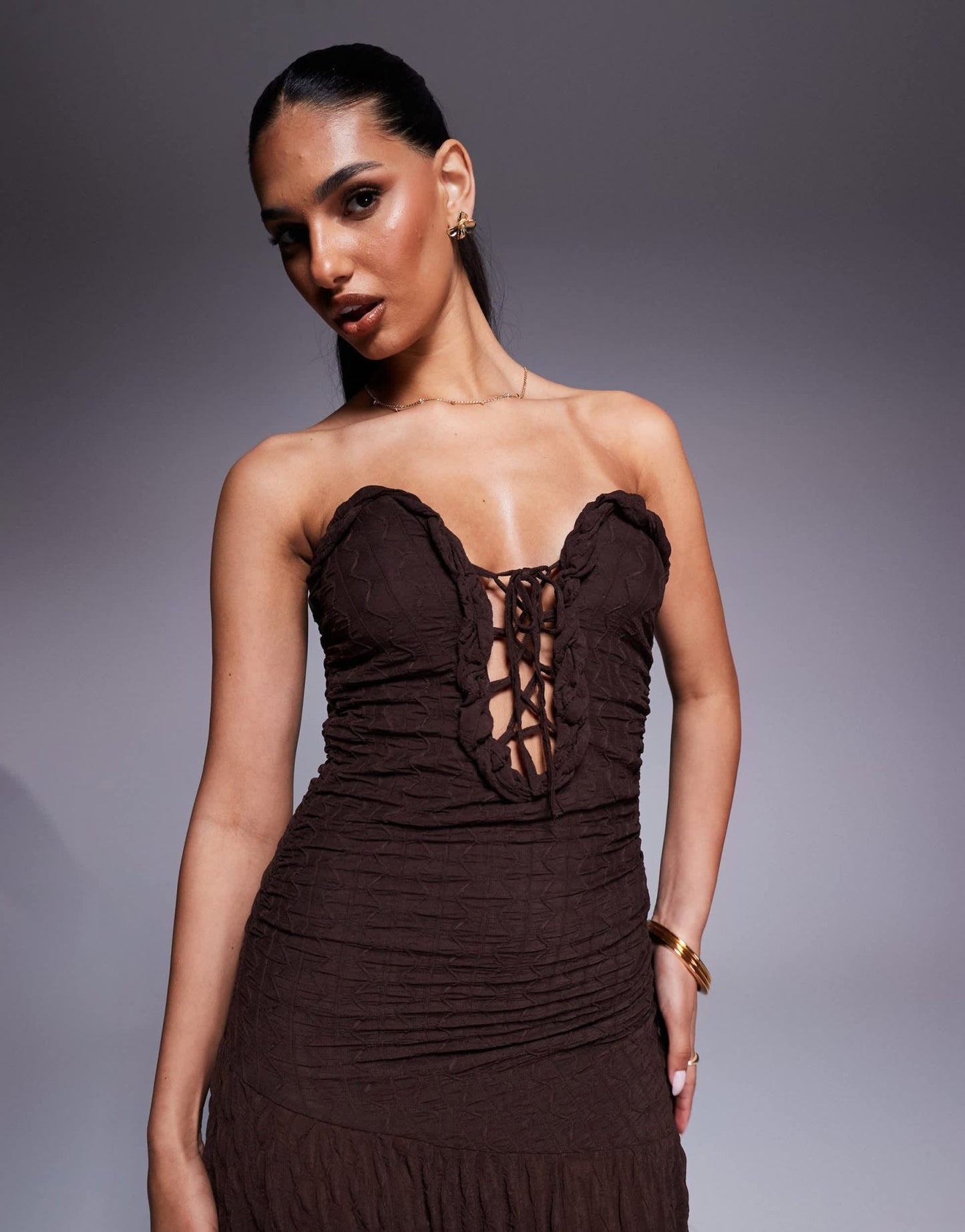 ASOS DESIGN textured bandeau maxi dress with curved trim and lace up detail in chocolate - ASOS Sample Sale