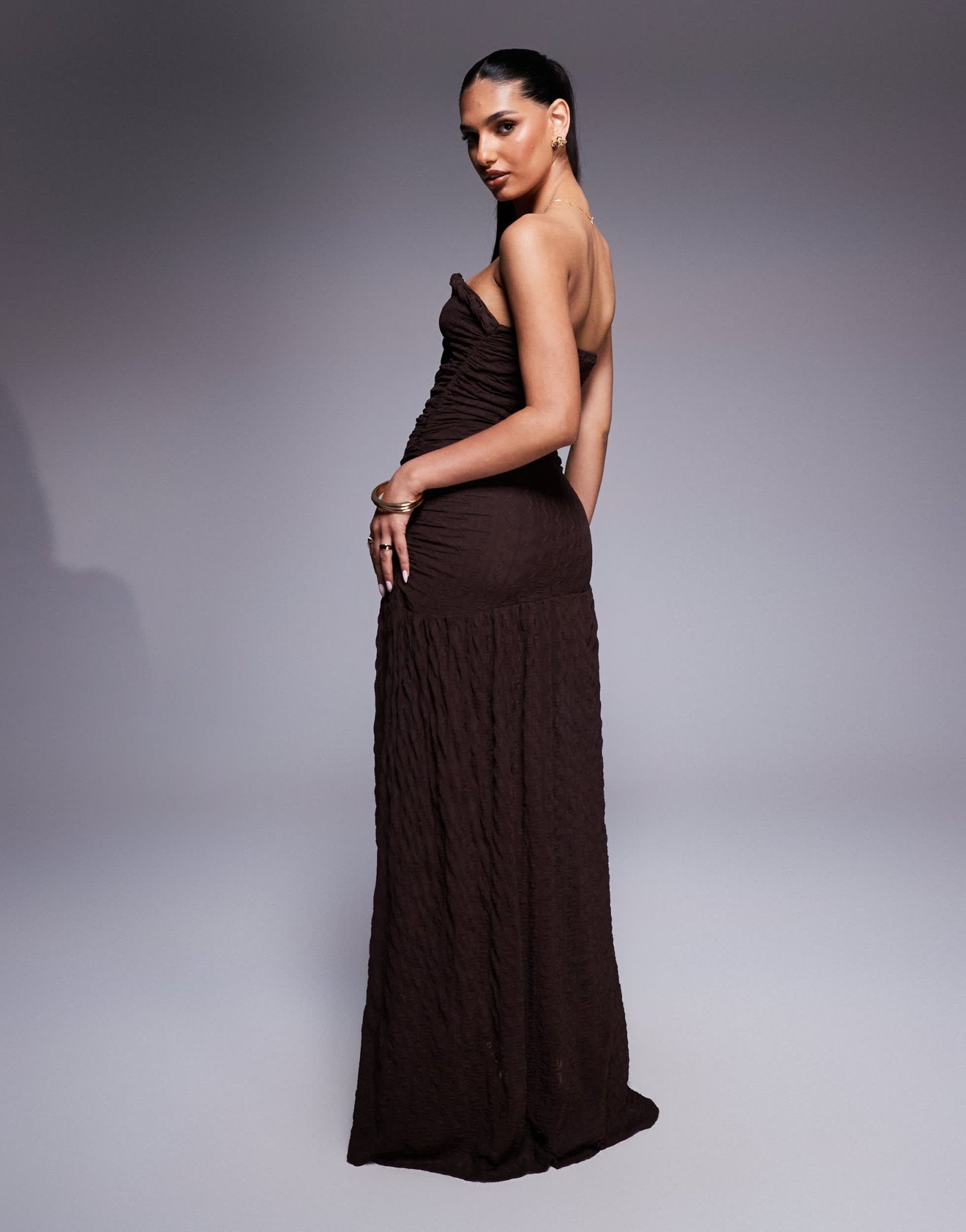 ASOS DESIGN textured bandeau maxi dress with curved trim and lace up detail in chocolate - ASOS Sample Sale