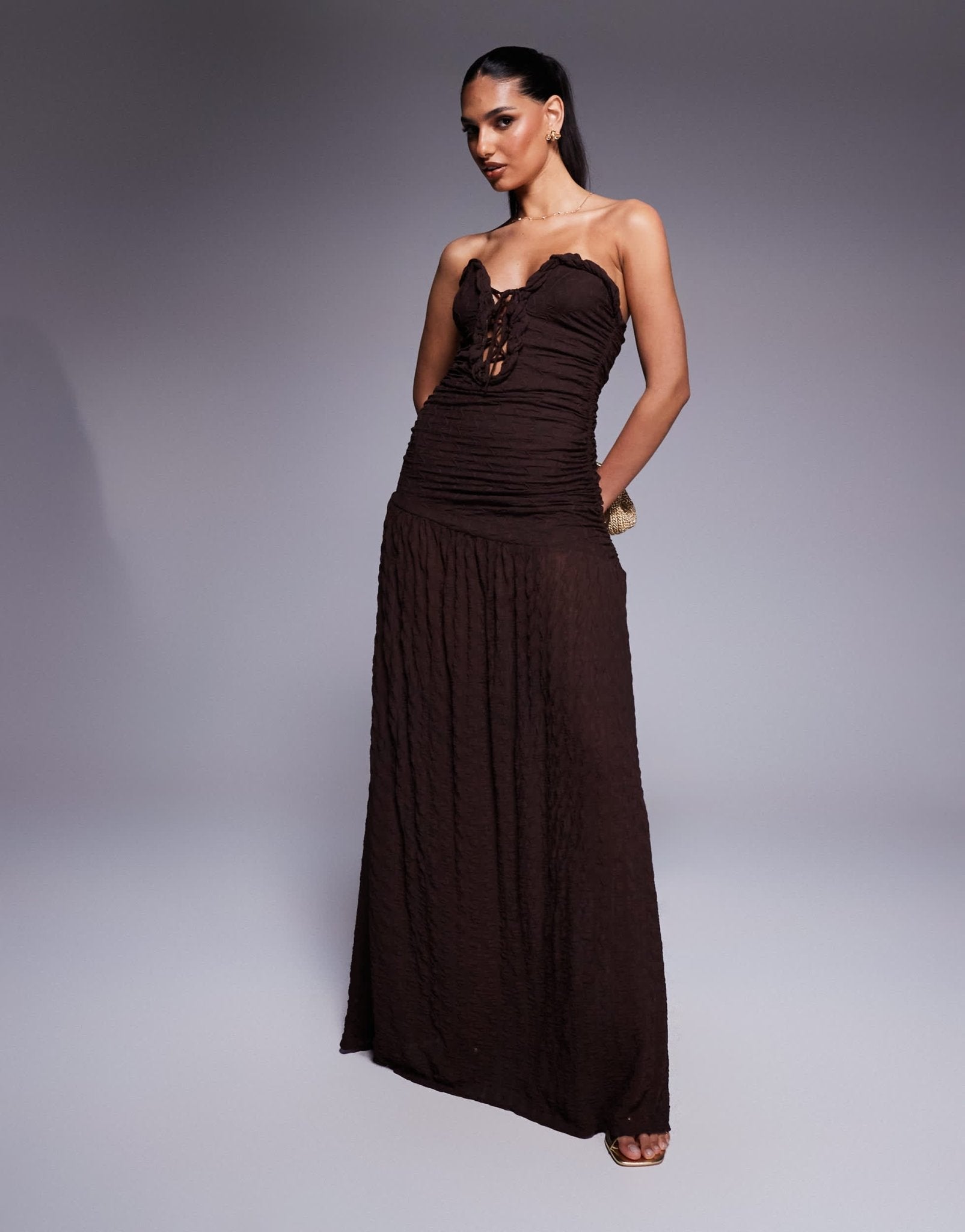 ASOS DESIGN textured bandeau maxi dress with curved trim and lace up detail in chocolate - ASOS Sample Sale
