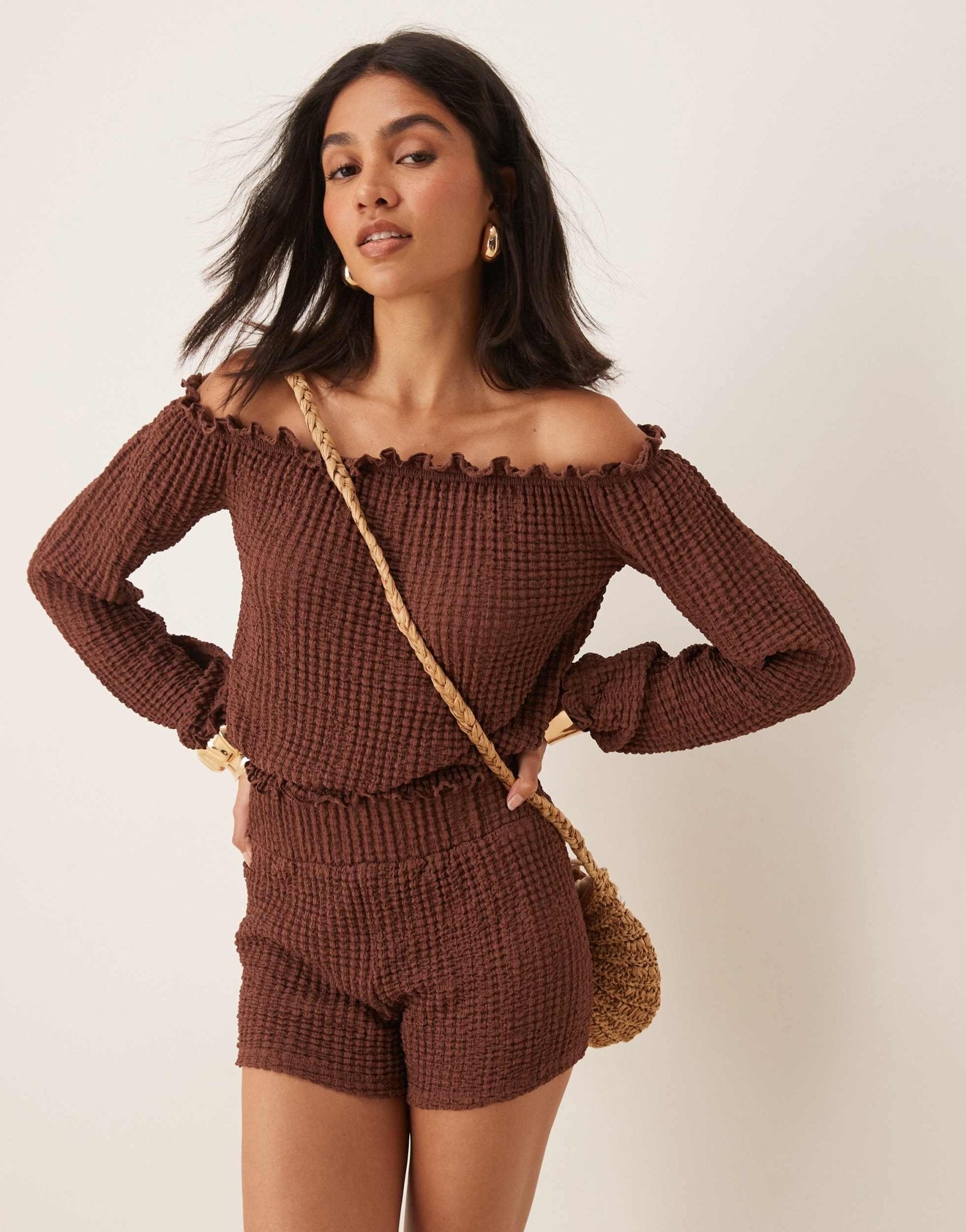 ASOS DESIGN textured boxer short with shirring waistband co ord in brown - ASOS Sample Sale