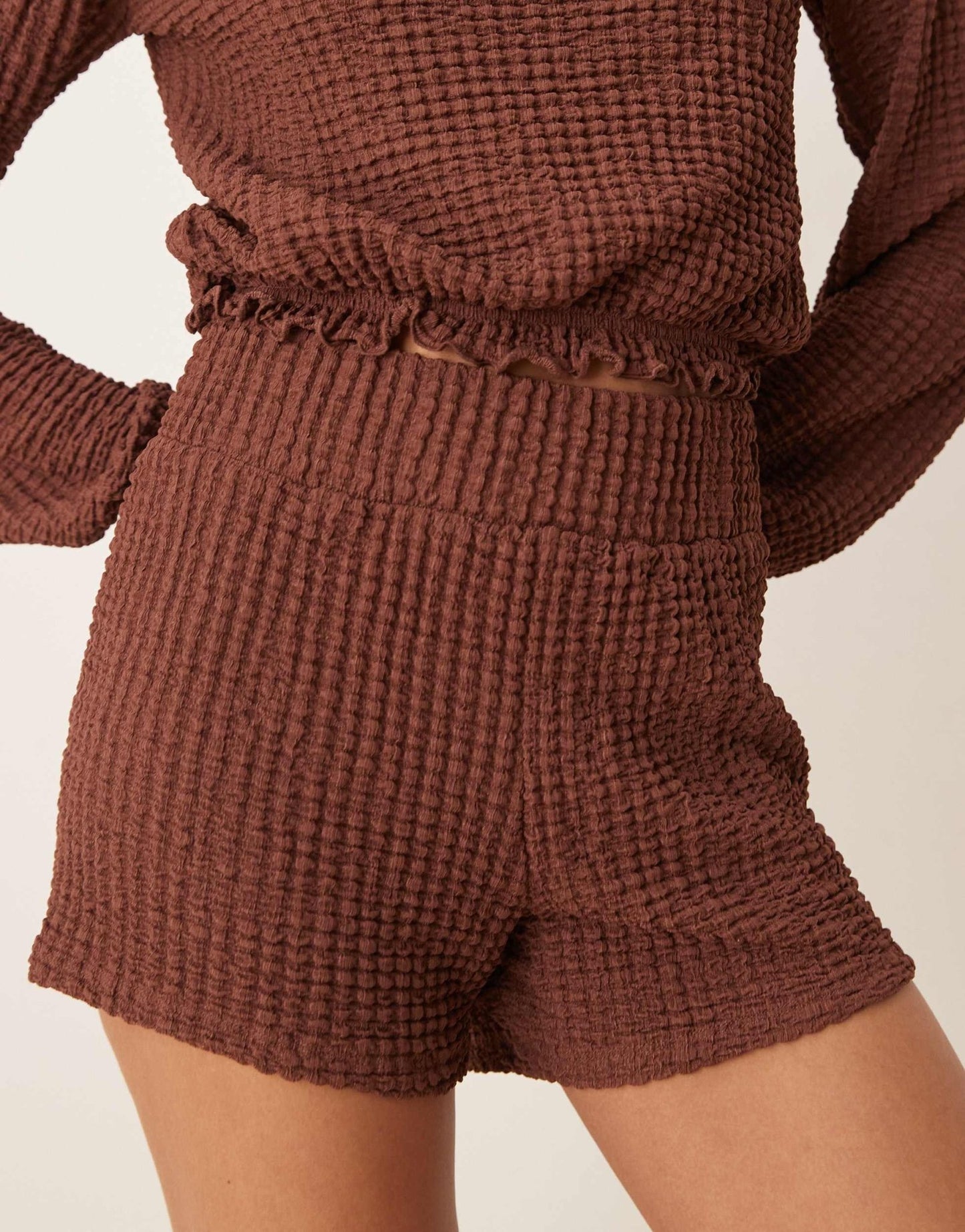 ASOS DESIGN textured boxer short with shirring waistband co ord in brown - ASOS Sample Sale