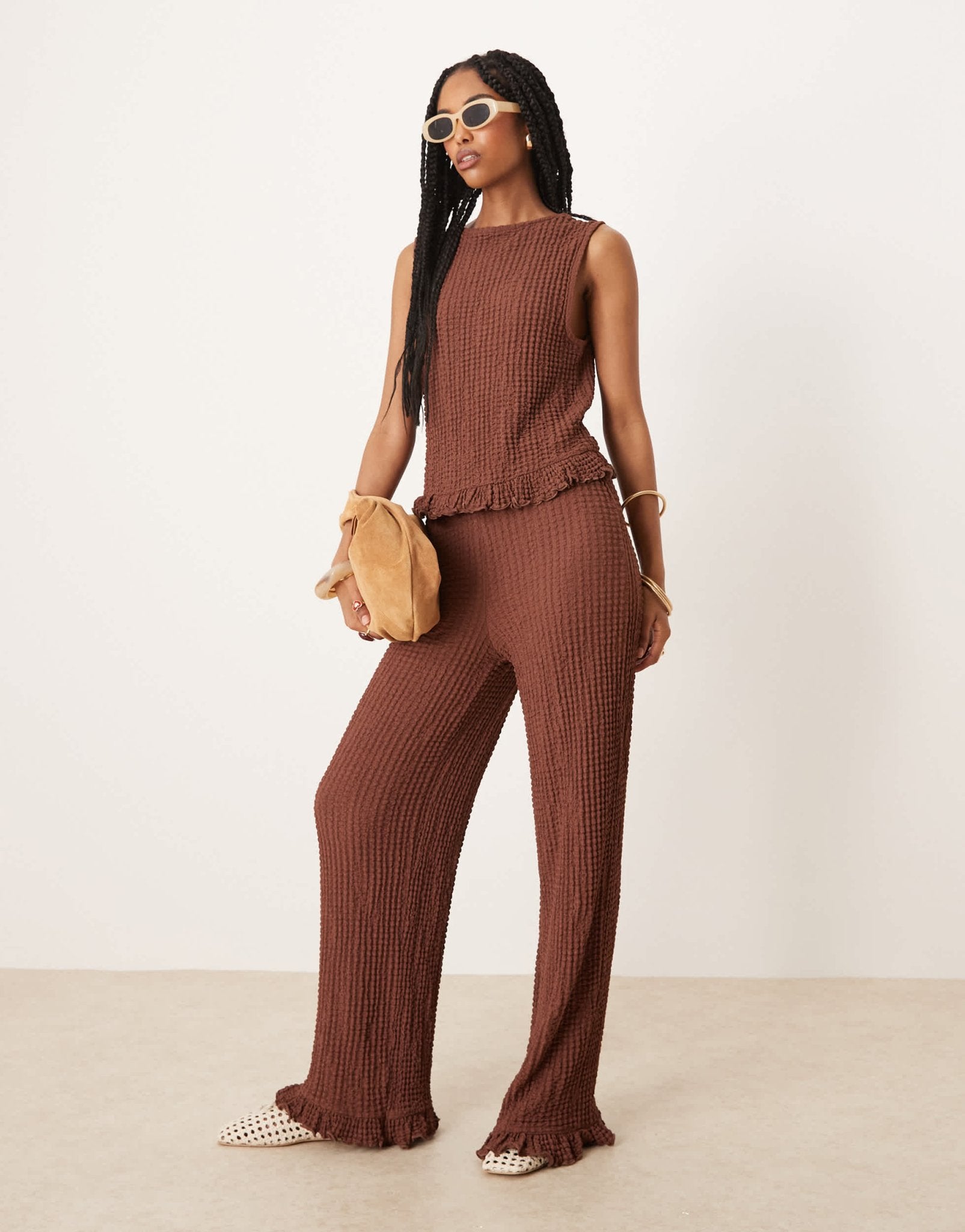 ASOS DESIGN textured boxy frill hem slash neck top co ord in brown - ASOS Sample Sale
