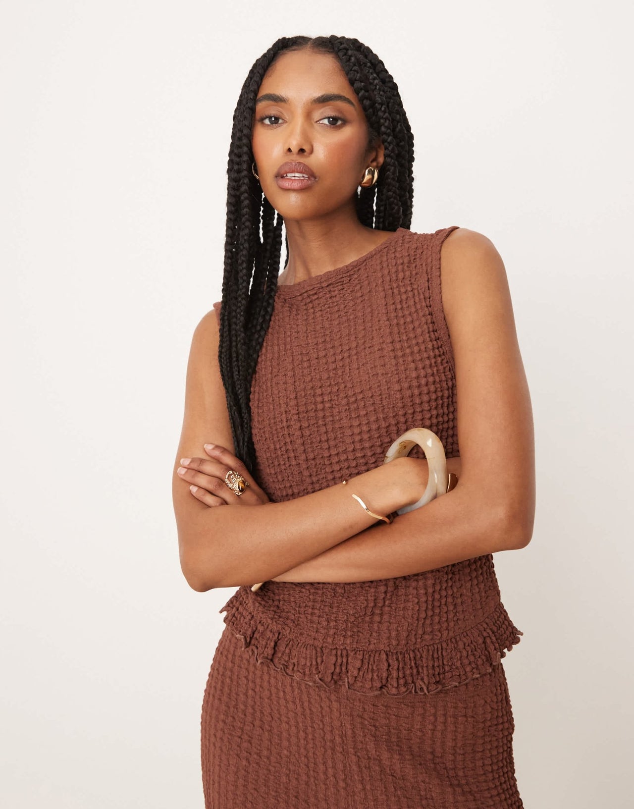 ASOS DESIGN textured boxy frill hem slash neck top co ord in brown - ASOS Sample Sale