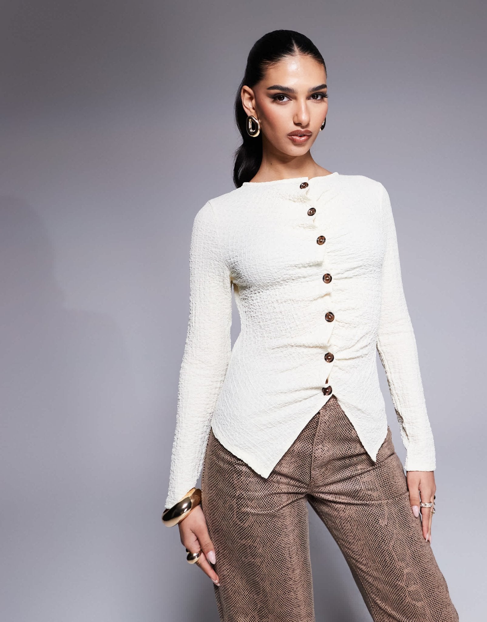 ASOS DESIGN textured button through long sleeve t-shirt in cream - ASOS Sample Sale