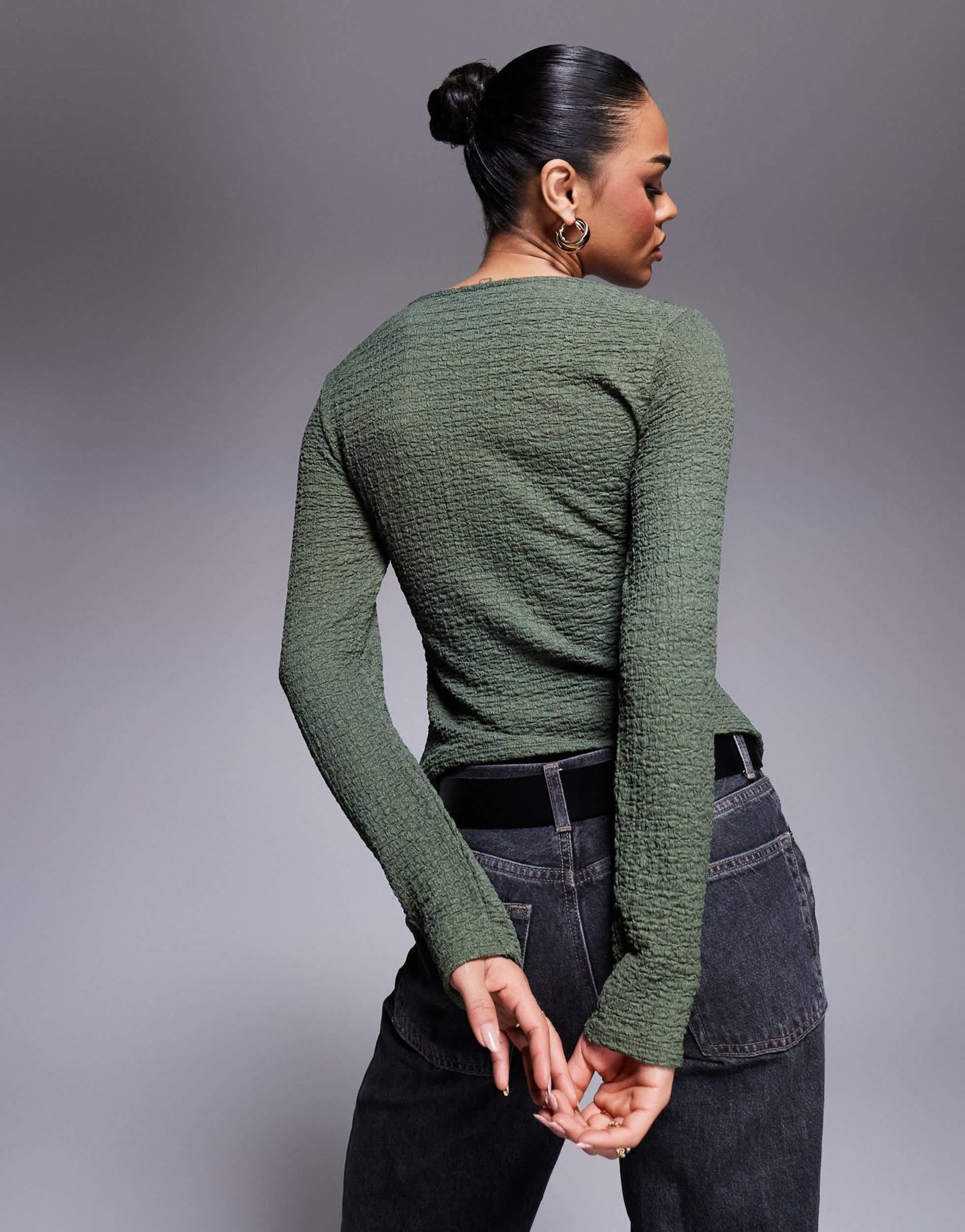 ASOS DESIGN textured button through long sleeve t-shirt in olive - ASOS Sample Sale