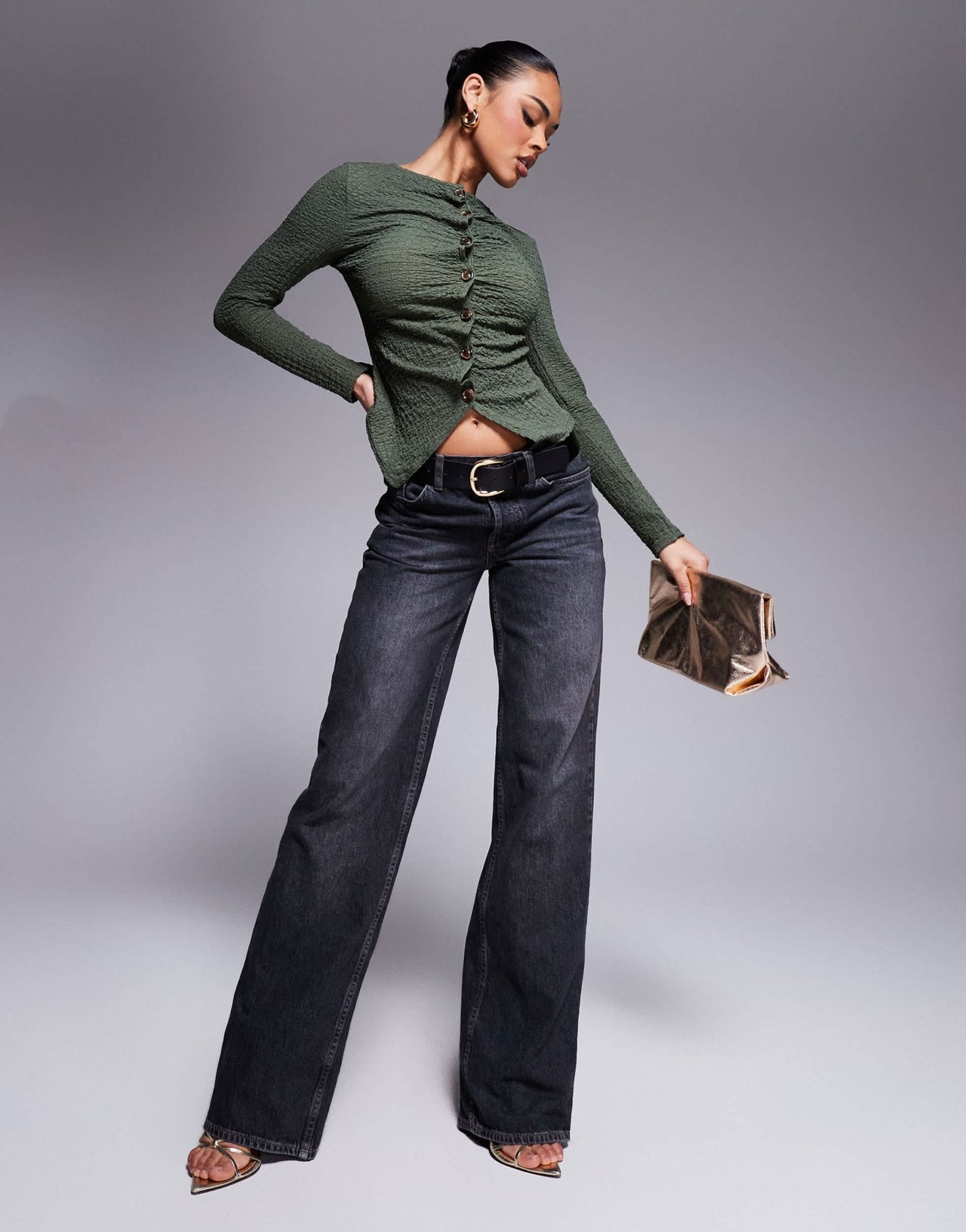 ASOS DESIGN textured button through long sleeve t-shirt in olive - ASOS Sample Sale