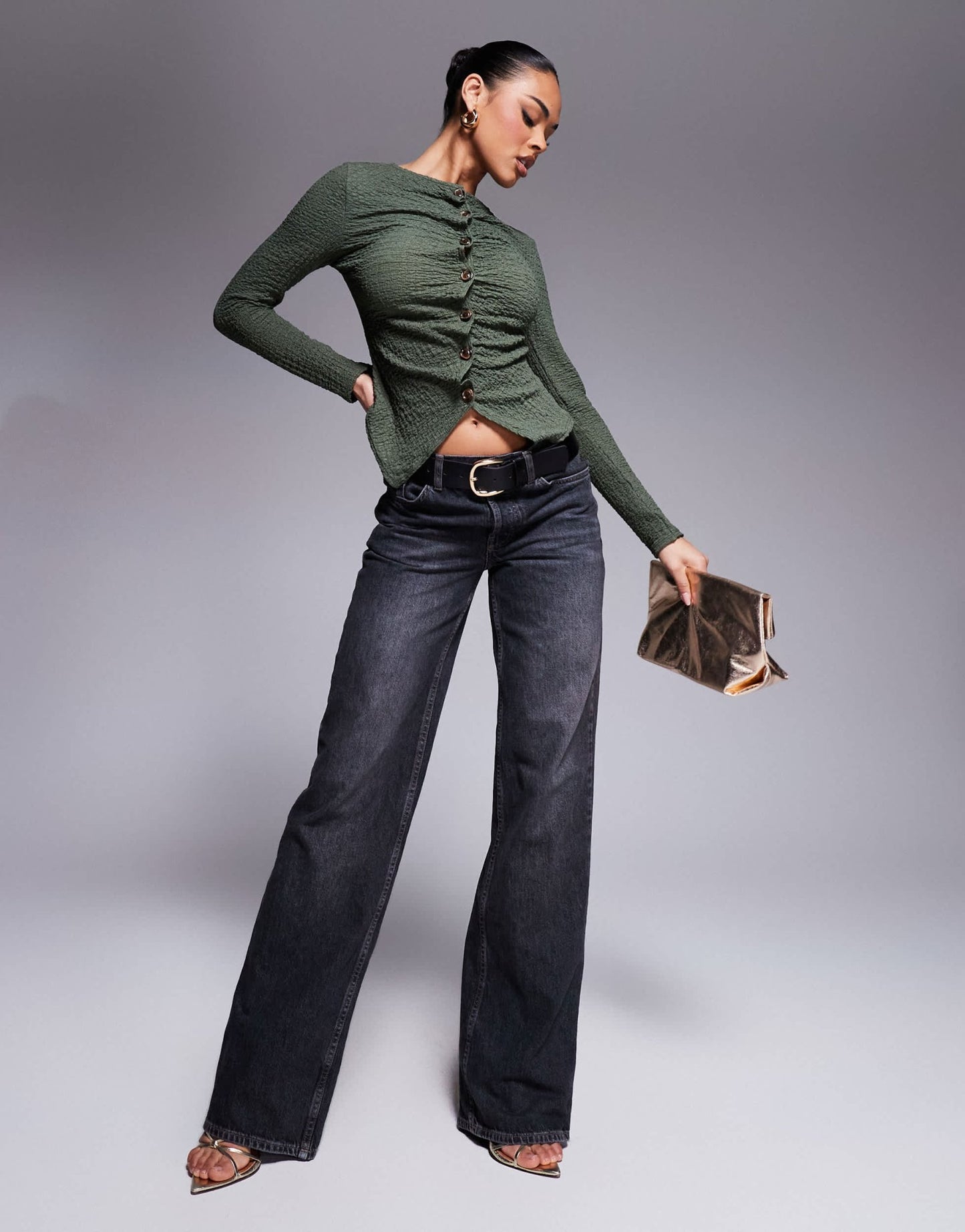 ASOS DESIGN textured button through long sleeve t-shirt in olive - ASOS Sample Sale