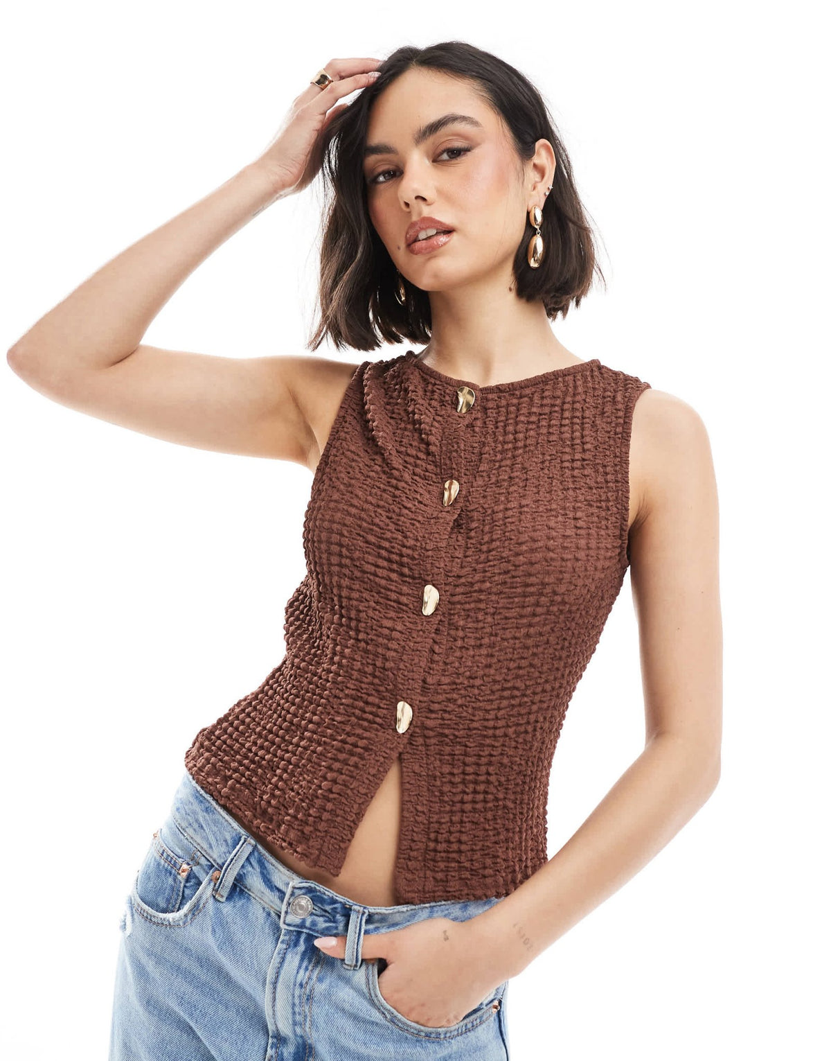 ASOS DESIGN textured button through top with gold hardware buttons in brown - ASOS Sample Sale