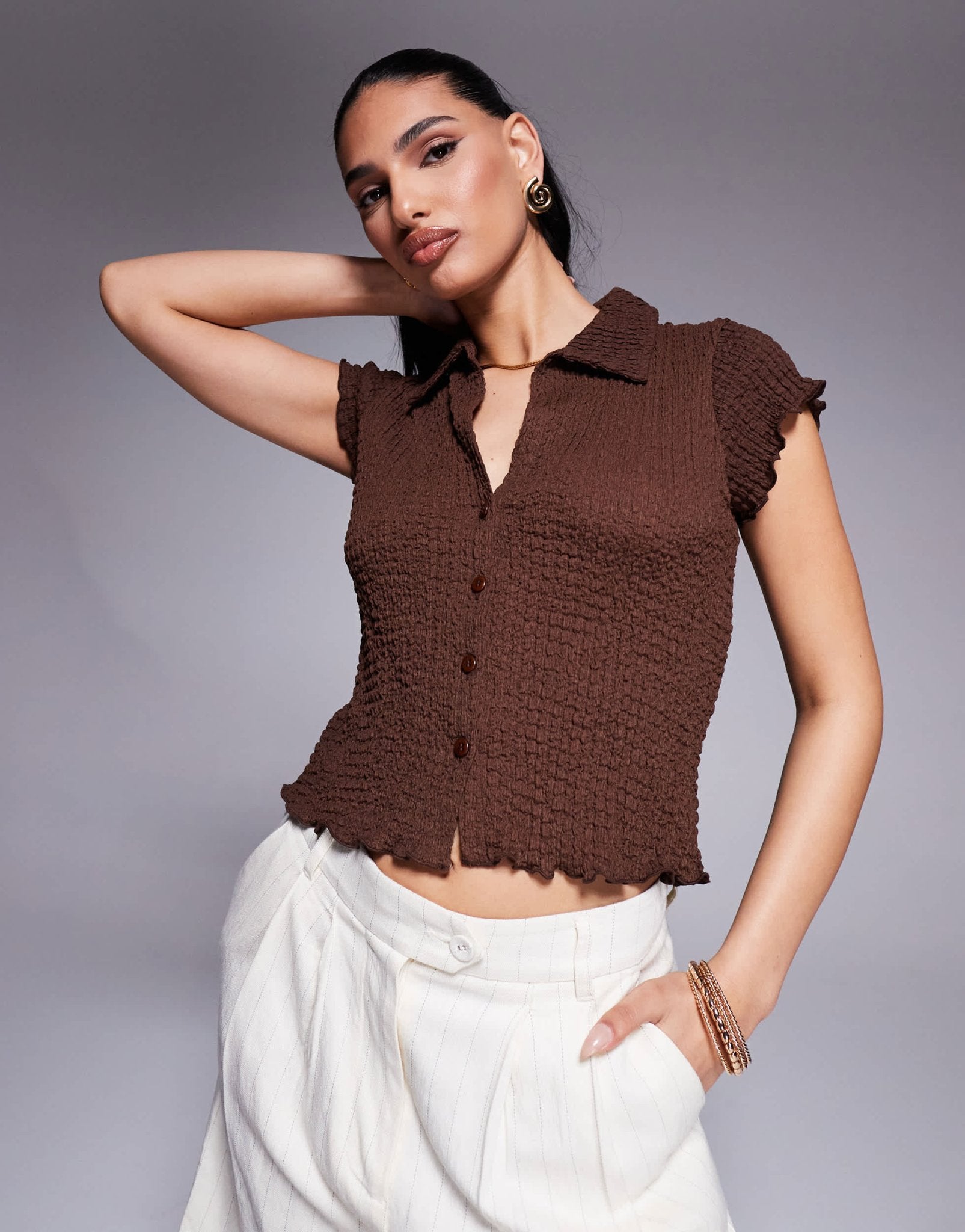 ASOS DESIGN textured button up short sleeve top in chocolate - ASOS Sample Sale
