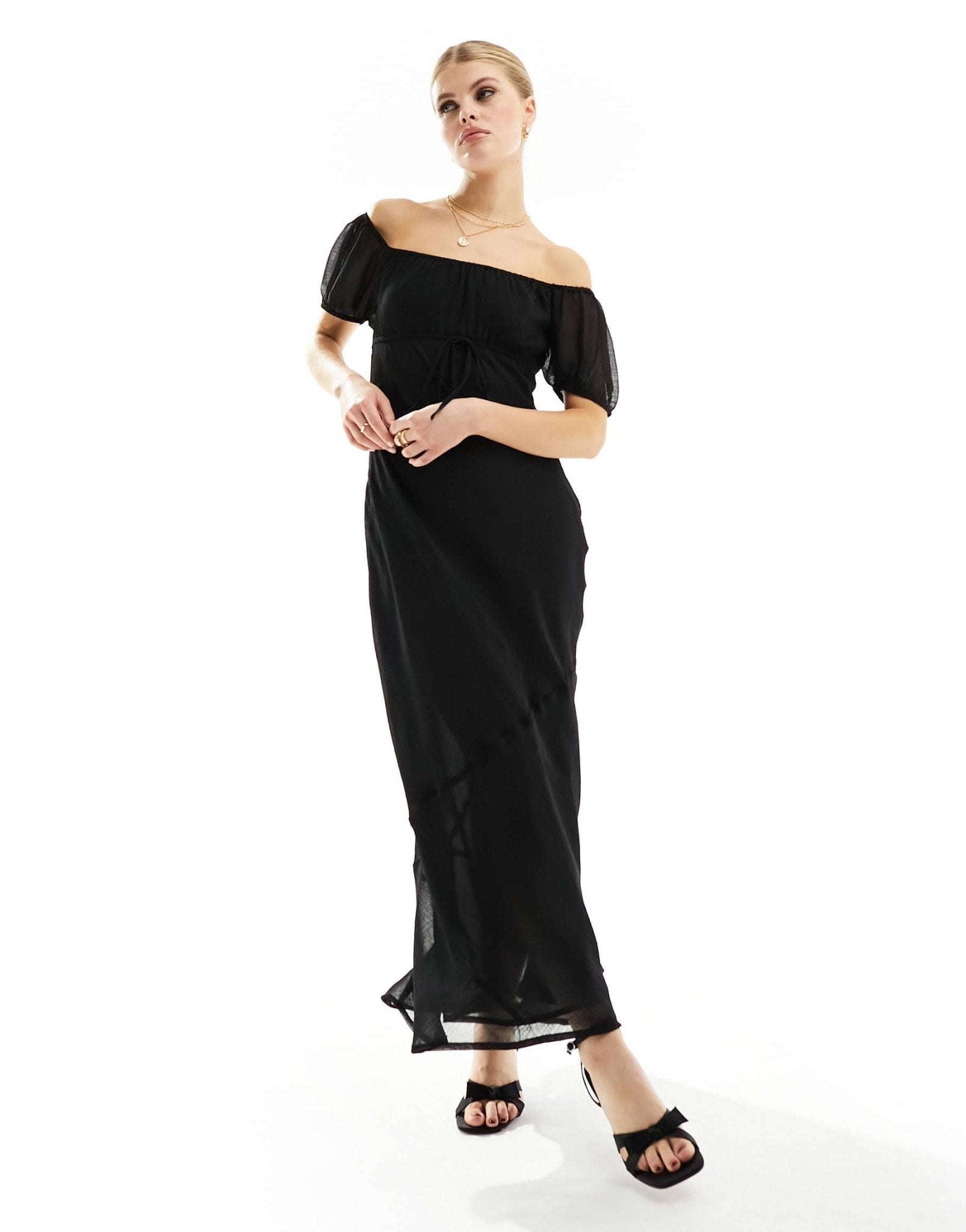 ASOS DESIGN textured chiffon bardot milkmaid bust midi dress with seam detail in black - ASOS Sample Sale