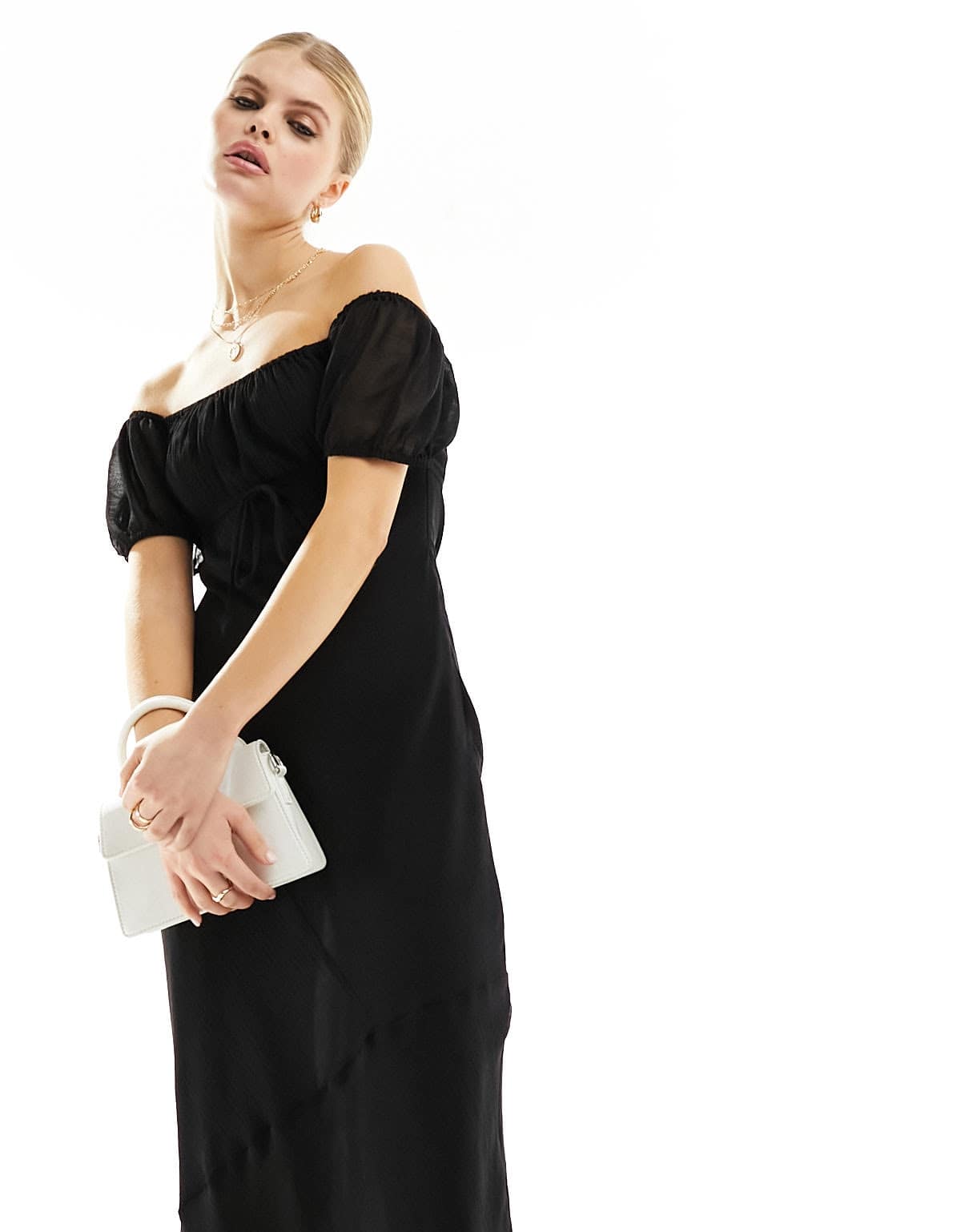 ASOS DESIGN textured chiffon bardot milkmaid bust midi dress with seam detail in black - ASOS Sample Sale