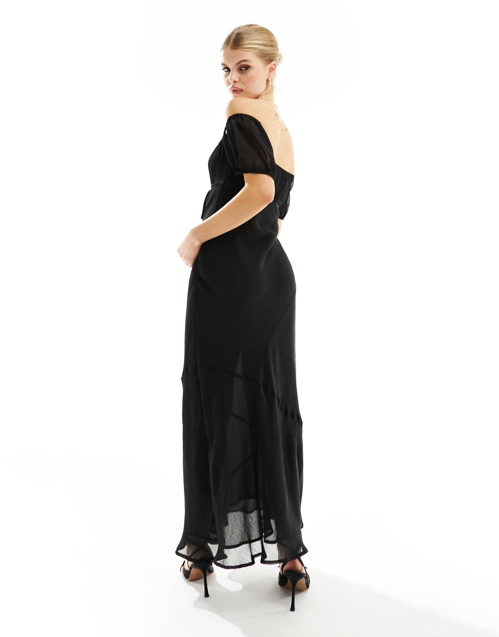 ASOS DESIGN textured chiffon bardot milkmaid bust midi dress with seam
