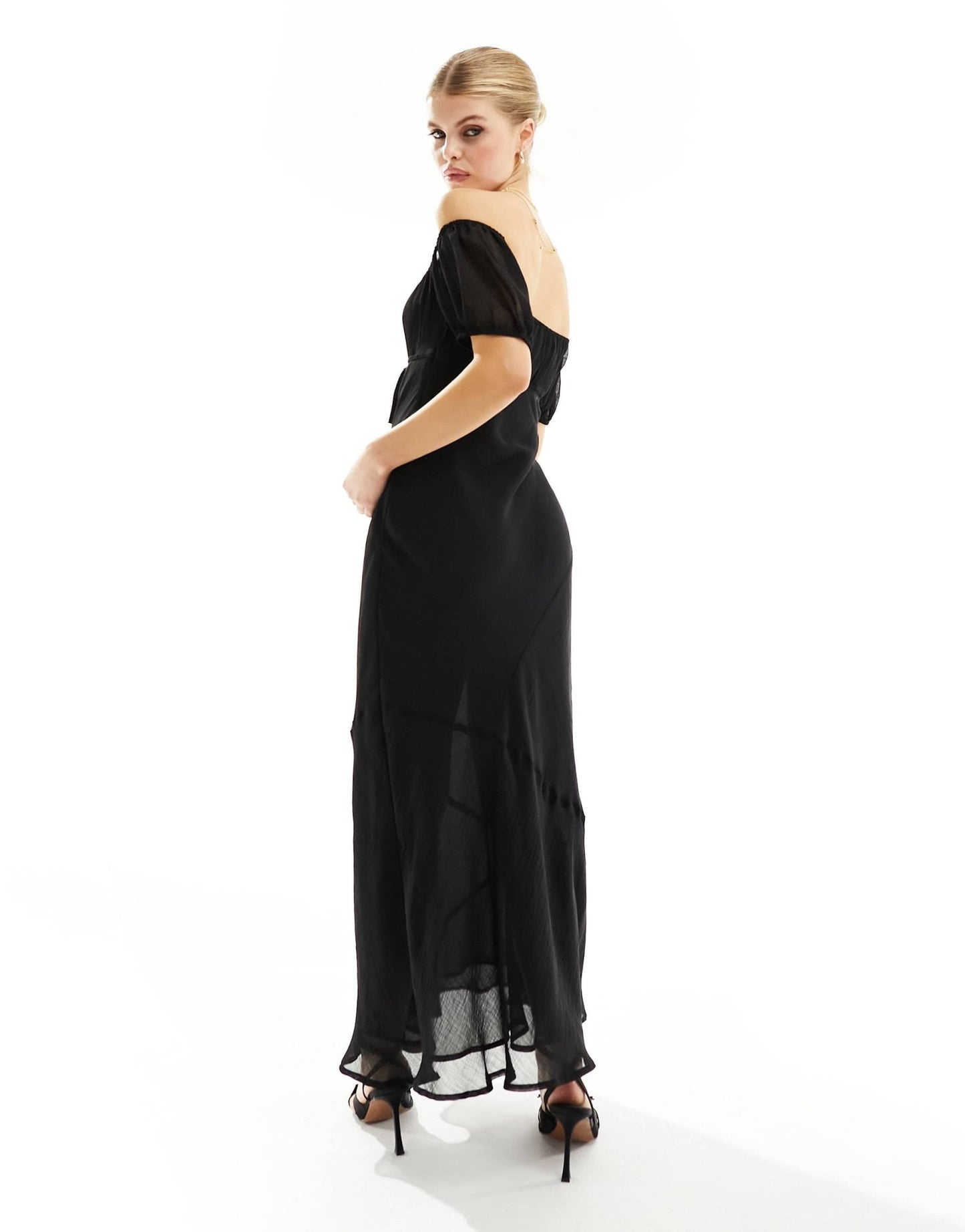 ASOS DESIGN textured chiffon bardot milkmaid bust midi dress with seam detail in black - ASOS Sample Sale