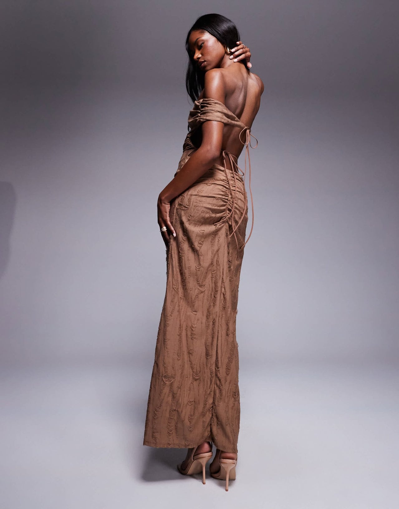 ASOS DESIGN textured distressed bardot midi dress with raw panels in chocolate - ASOS Sample Sale