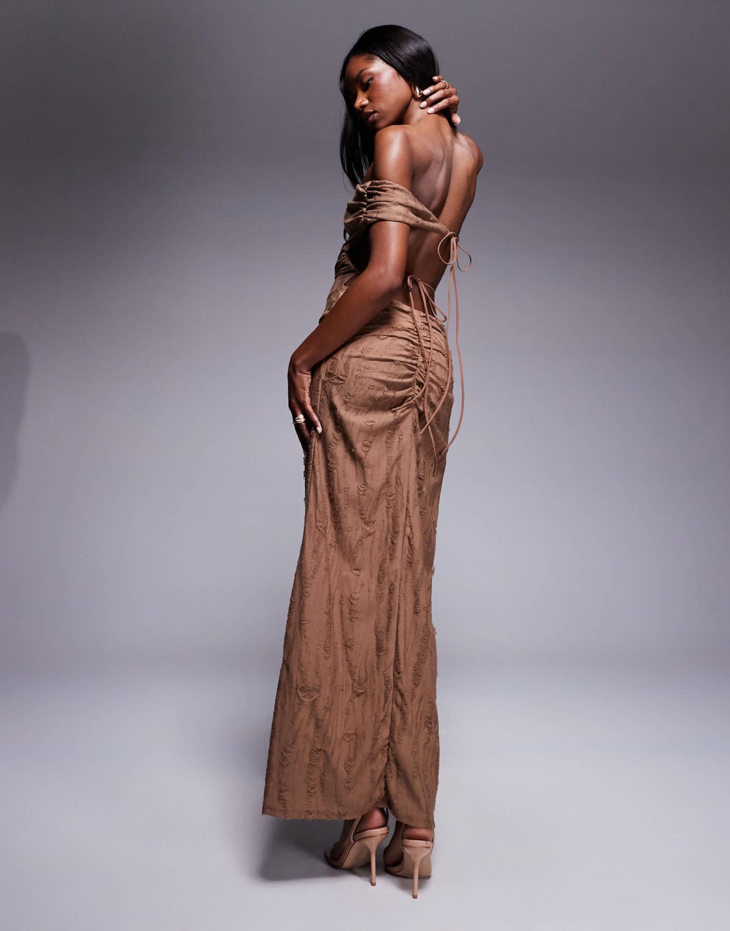 ASOS DESIGN textured distressed bardot midi dress with raw panels in chocolate - ASOS Sample Sale
