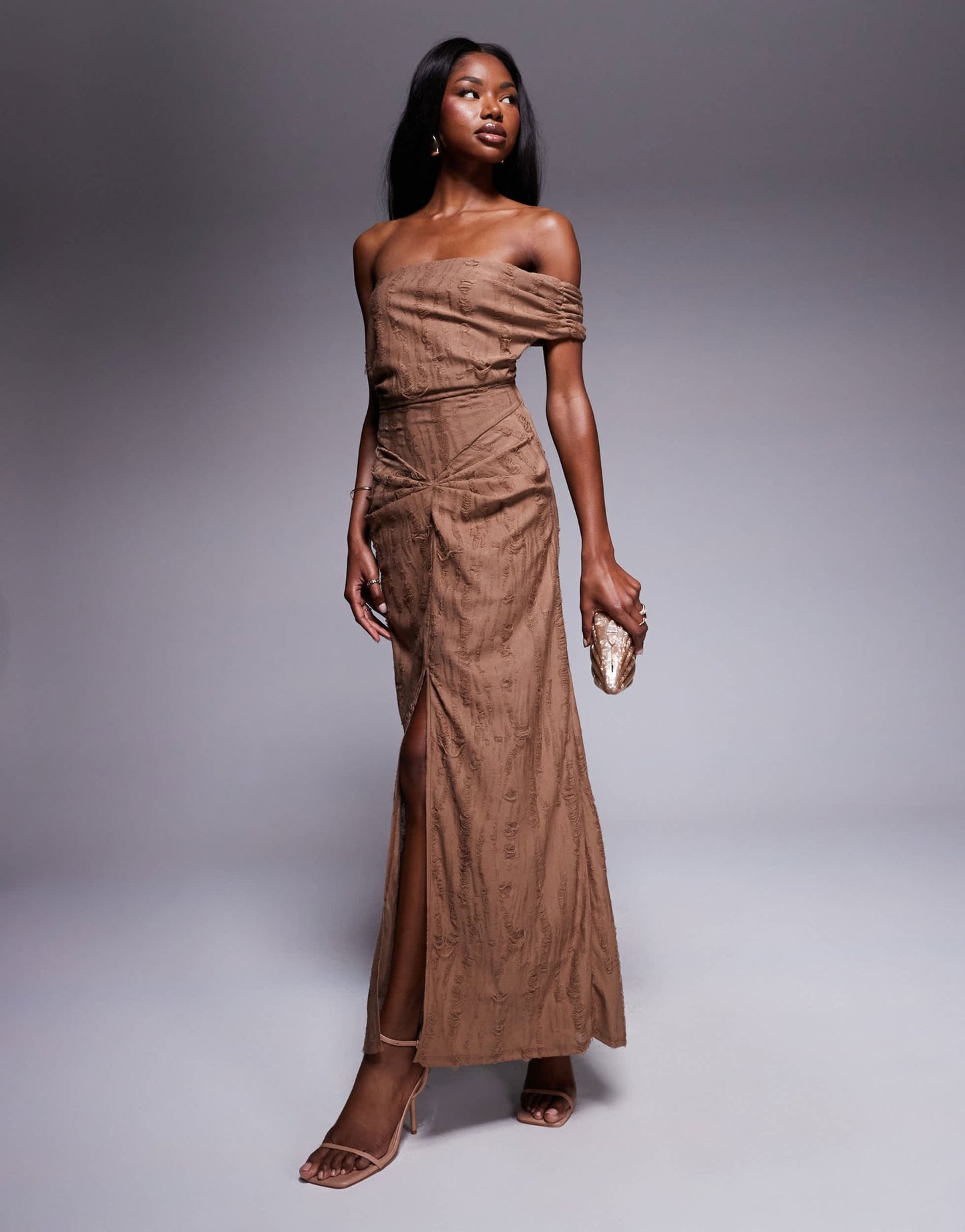ASOS DESIGN textured distressed bardot midi dress with raw panels in chocolate - ASOS Sample Sale