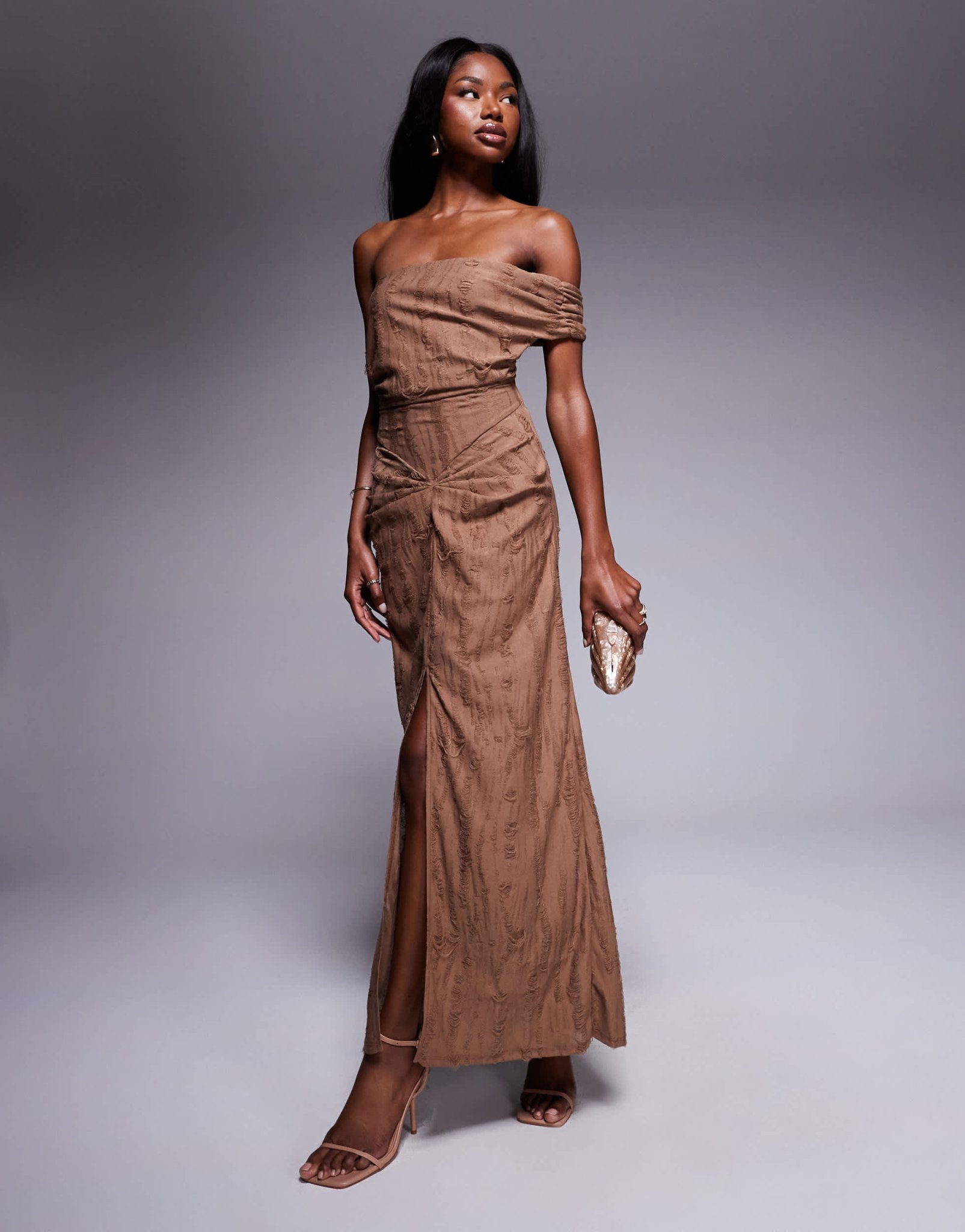 ASOS DESIGN textured distressed bardot midi dress with raw panels in chocolate - ASOS Sample Sale