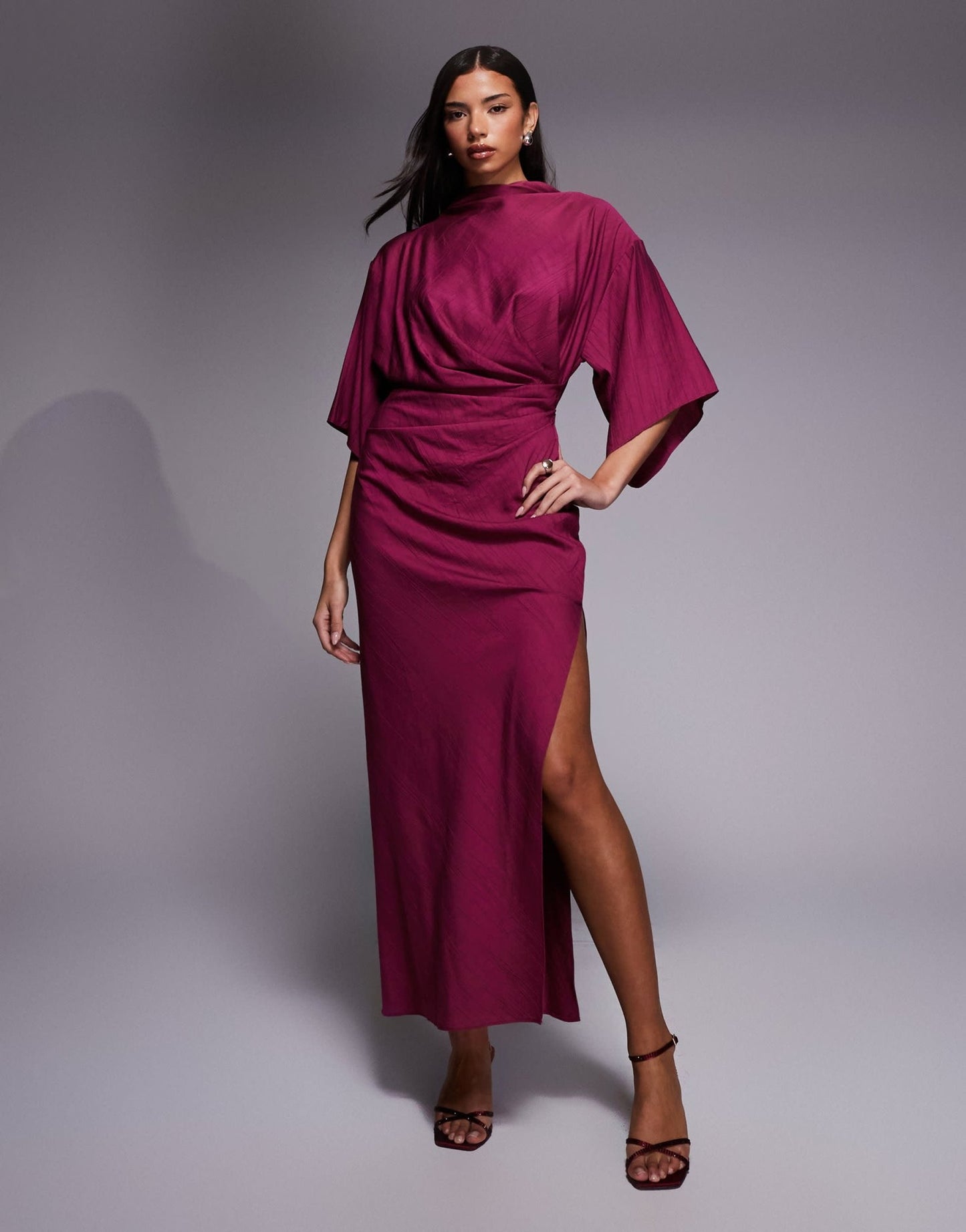 ASOS DESIGN textured drape skirt maxi dress with split detail in mulberry - ASOS Sample Sale