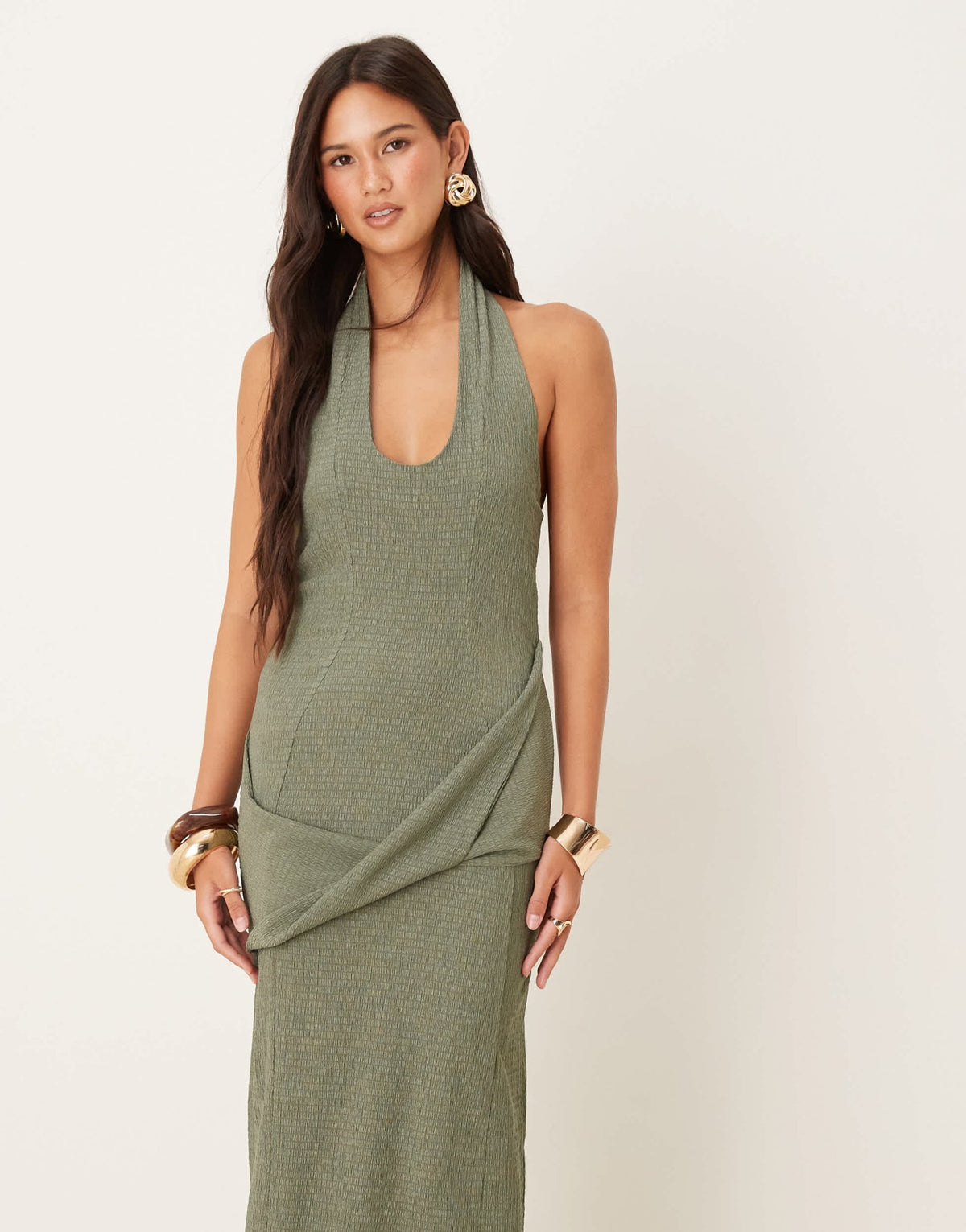 ASOS DESIGN textured halter drape waist midi dress in khaki - ASOS Sample Sale
