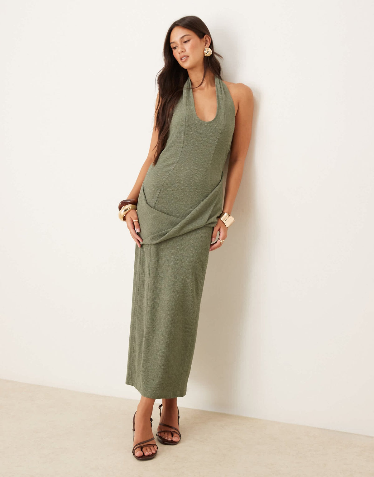 ASOS DESIGN textured halter drape waist midi dress in khaki - ASOS Sample Sale