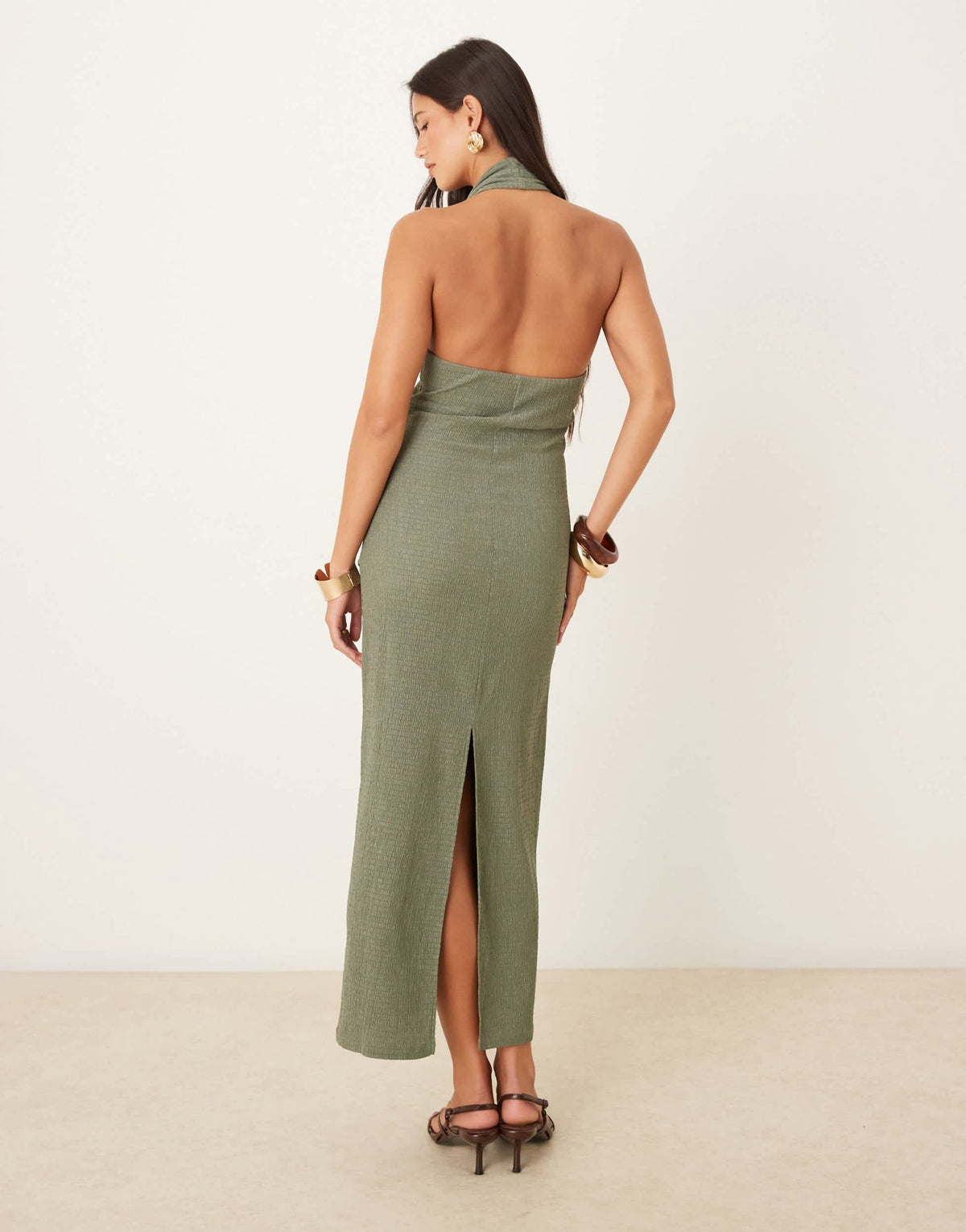 ASOS DESIGN textured halter drape waist midi dress in khaki - ASOS Sample Sale