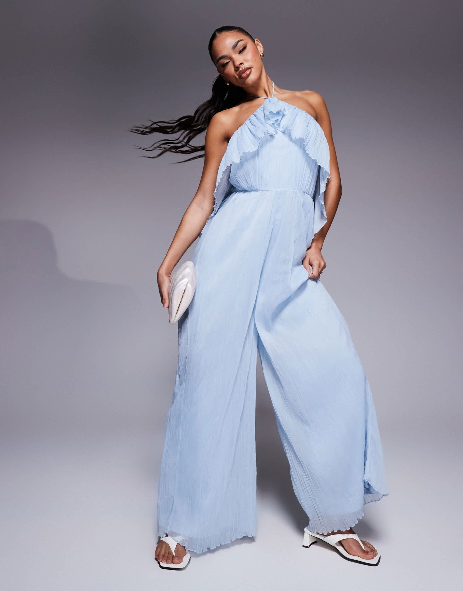 ASOS DESIGN textured halter wide leg jumpsuit with frill detail in light blue - ASOS Sample Sale