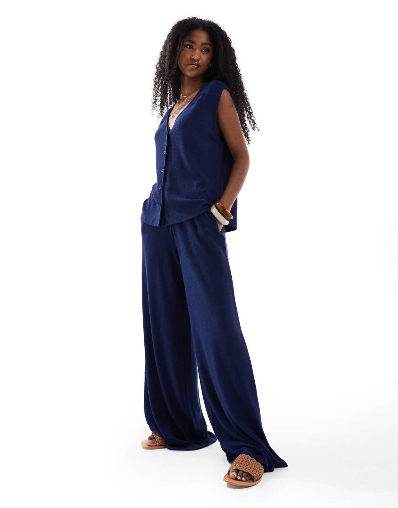 ASOS DESIGN textured knit wide leg co-ord trouser in navy - ASOS Sample Sale