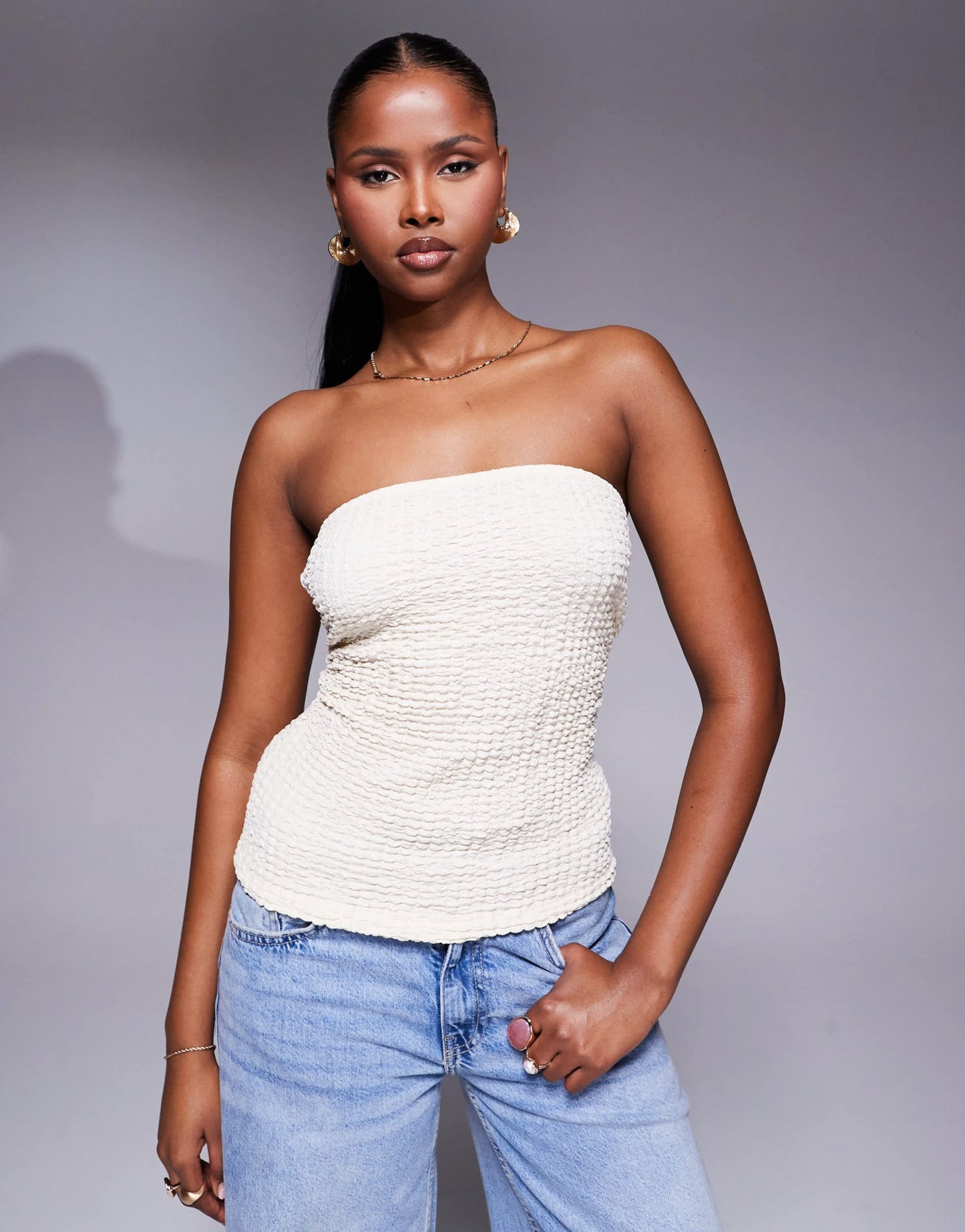 ASOS DESIGN textured longline bandeau in stone - ASOS Sample Sale