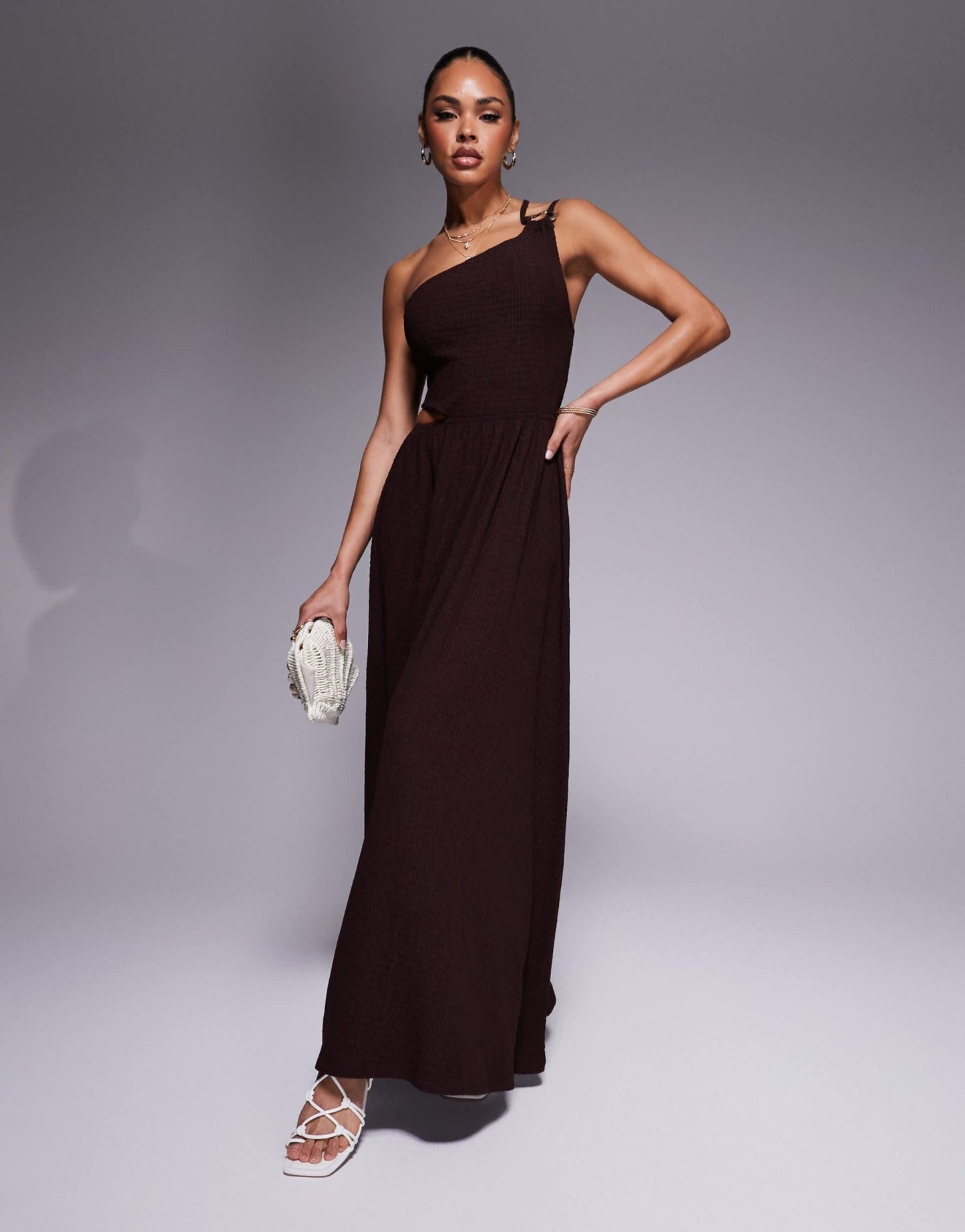 ASOS DESIGN textured one shoulder cut out waist with hardware detail maxi dress in chocolate - ASOS Sample Sale