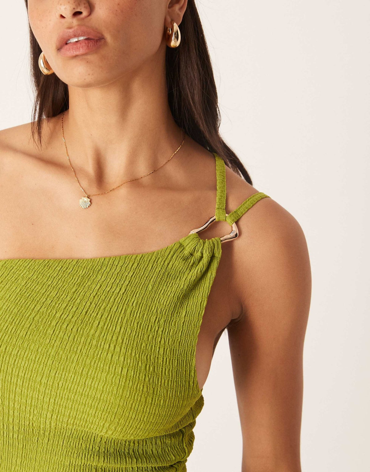 ASOS DESIGN textured one shoulder cut out waist with hardware detail maxi dress in olive - ASOS Sample Sale