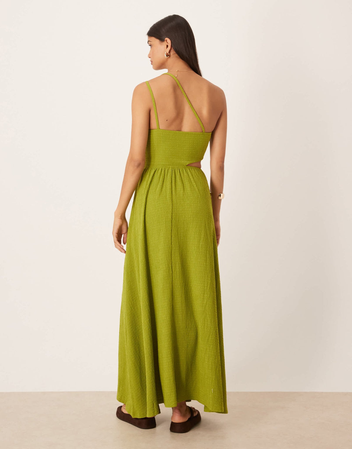 ASOS DESIGN textured one shoulder cut out waist with hardware detail maxi dress in olive - ASOS Sample Sale