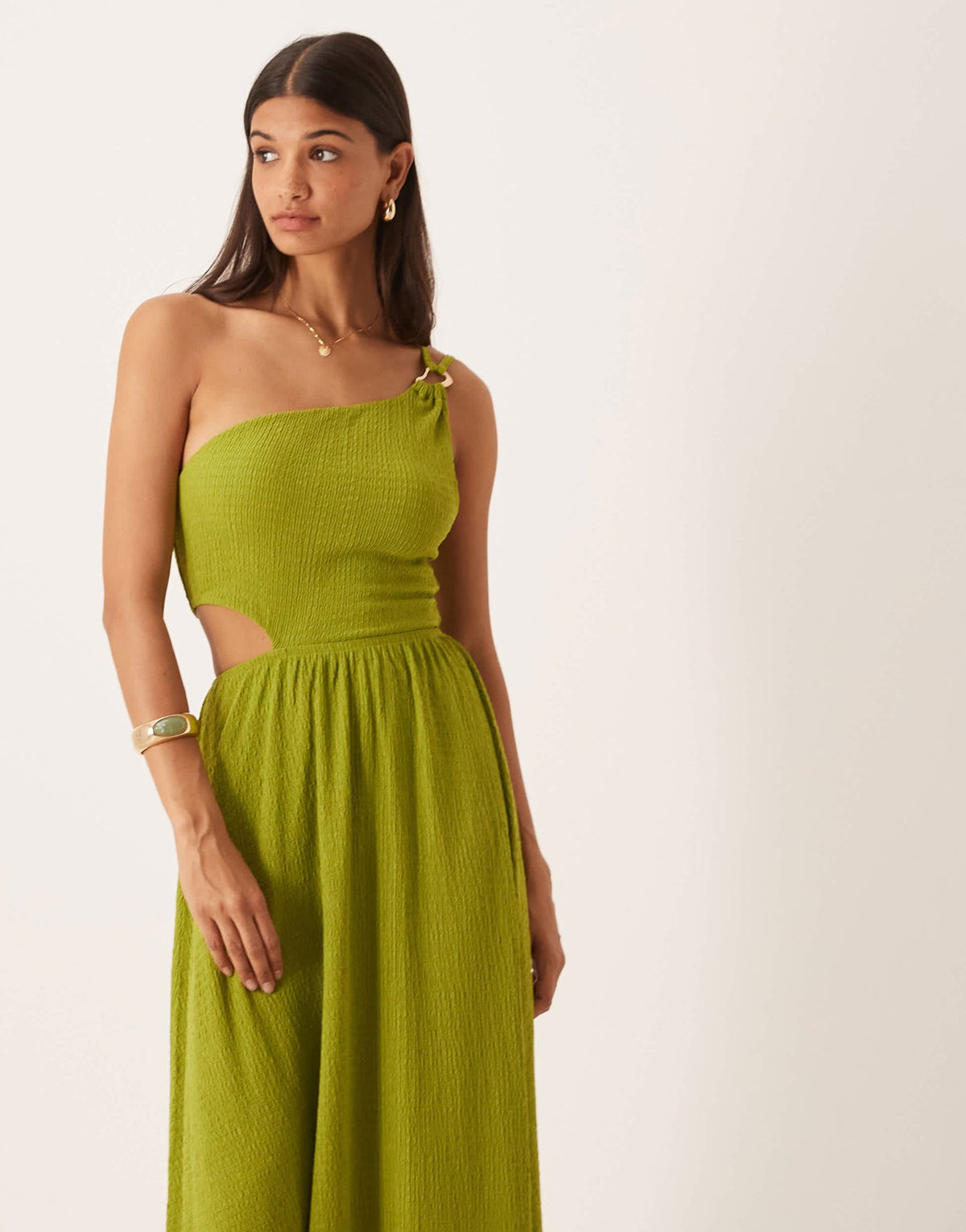 ASOS DESIGN textured one shoulder cut out waist with hardware detail maxi dress in olive - ASOS Sample Sale