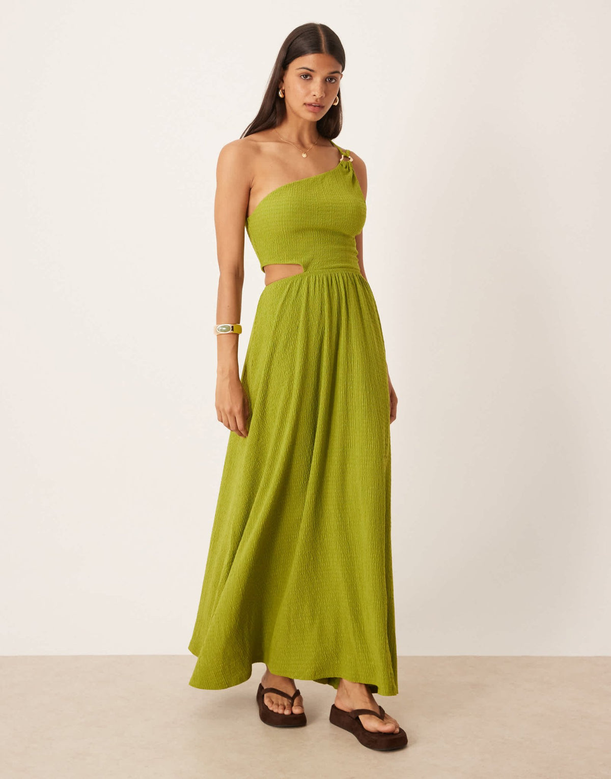ASOS DESIGN textured one shoulder cut out waist with hardware detail maxi dress in olive - ASOS Sample Sale