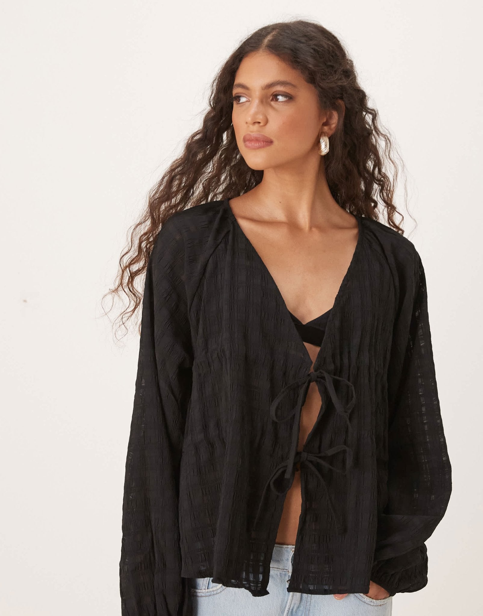 ASOS DESIGN textured plunge tie detail blouse - ASOS Sample Sale