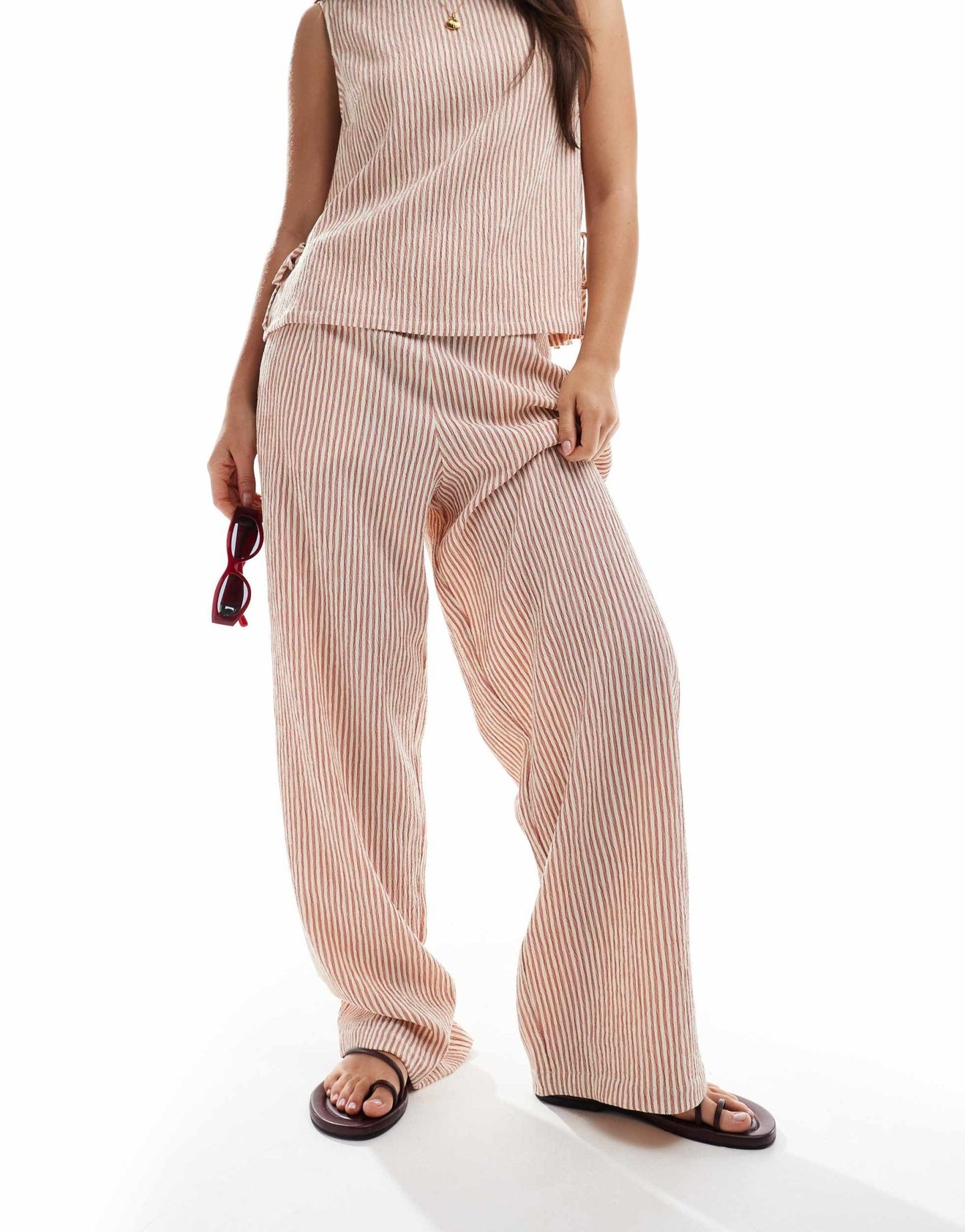 ASOS DESIGN textured pull on straight leg trousers co-ord in rose stripe - ASOS Sample Sale