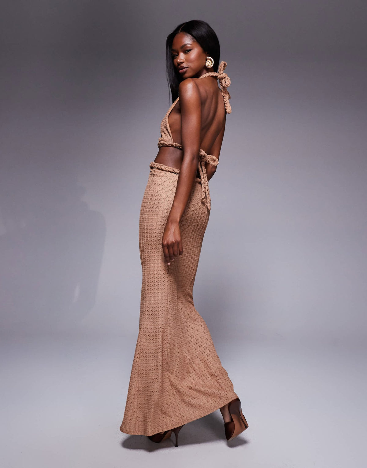 ASOS DESIGN textured rib orange plaited halter midi dress in camel - ASOS Sample Sale