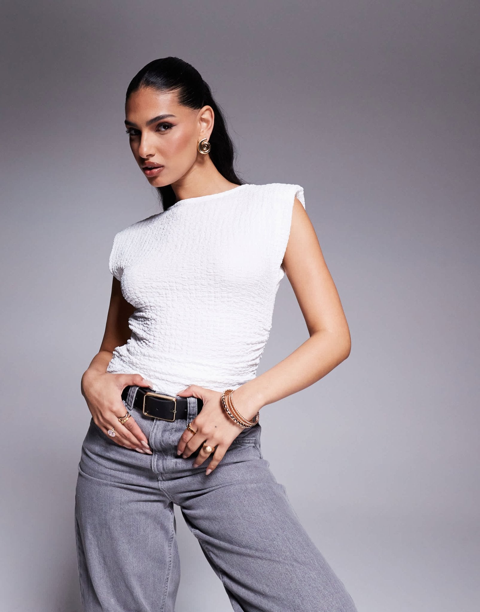ASOS DESIGN textured ruched sides tank with shoulder pads in ivory - ASOS Sample Sale