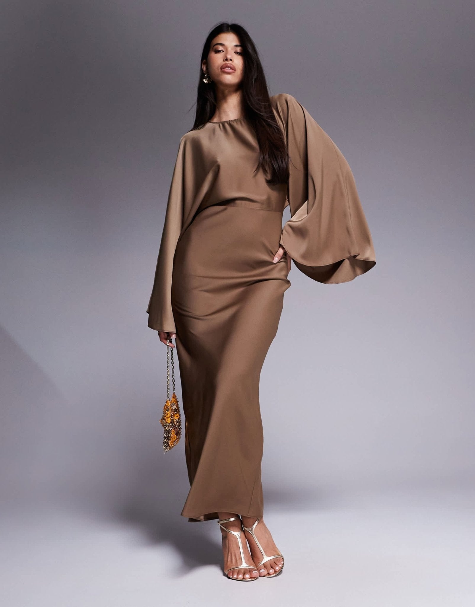 ASOS DESIGN textured satin batwing bias waisted maxi dress in cocoa - ASOS Sample Sale