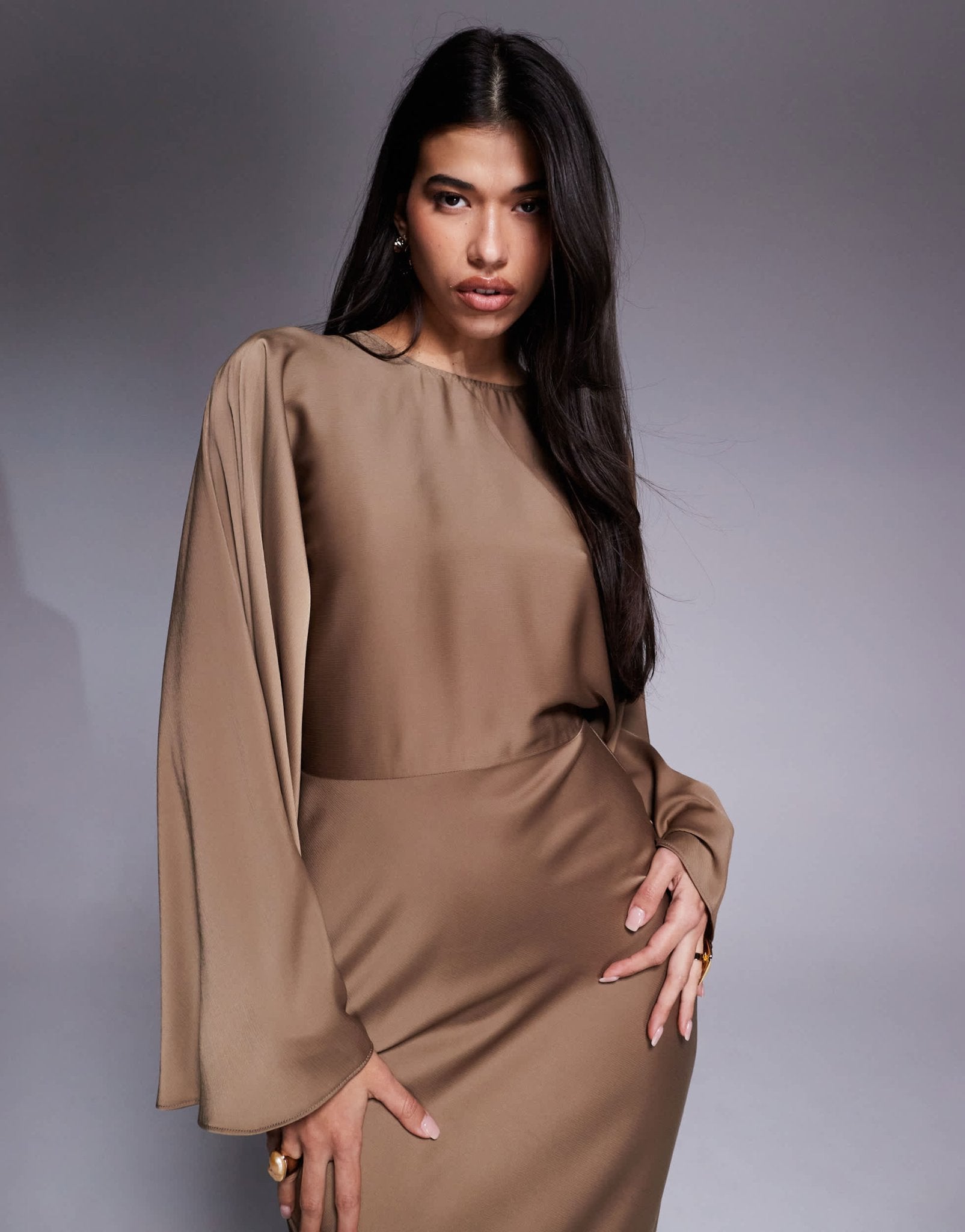 ASOS DESIGN textured satin batwing bias waisted maxi dress in cocoa - ASOS Sample Sale