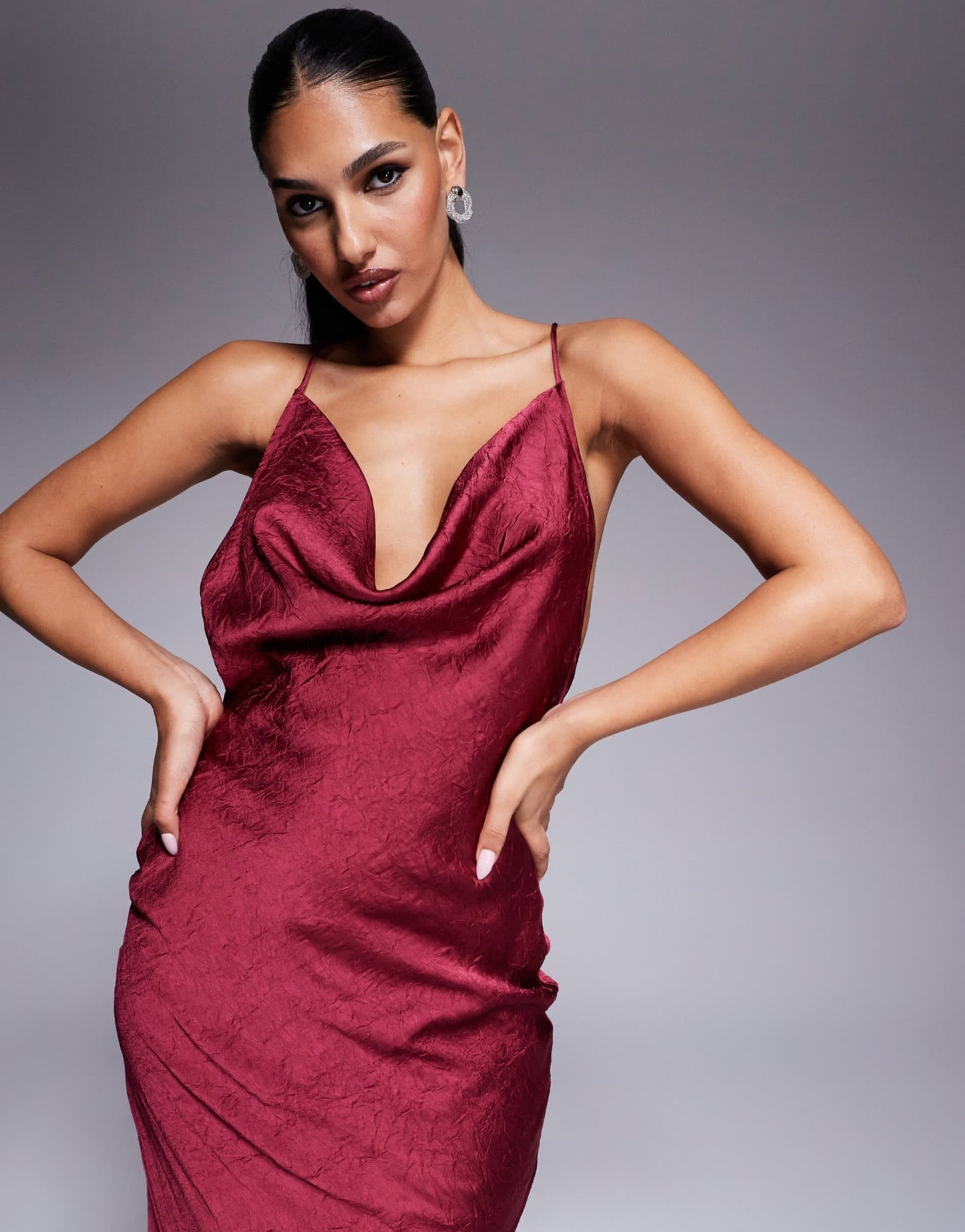 ASOS DESIGN textured satin strappy maxi dress with split in burgundy - ASOS Sample Sale